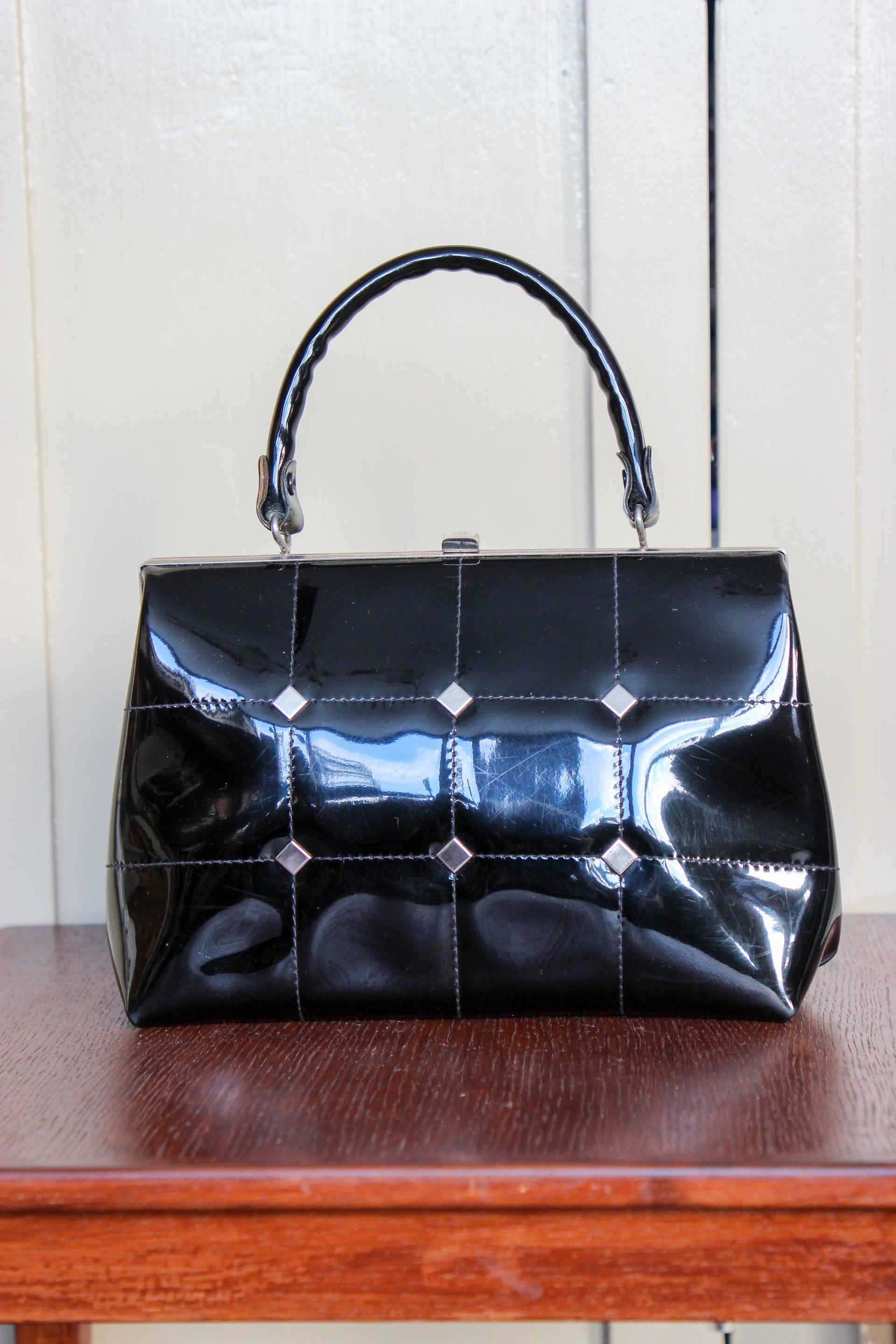 1960s Vintage Black Vinyl Top Handle Bag/Purse with Silver Closure