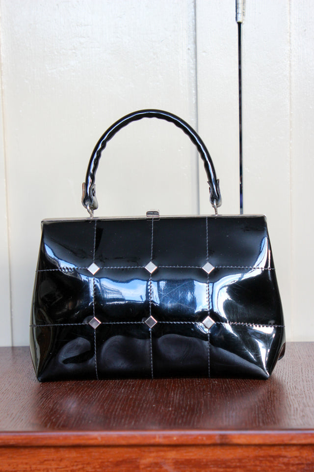 1960s Vintage Black Vinyl Top Handle Bag/Purse with Silver Closure