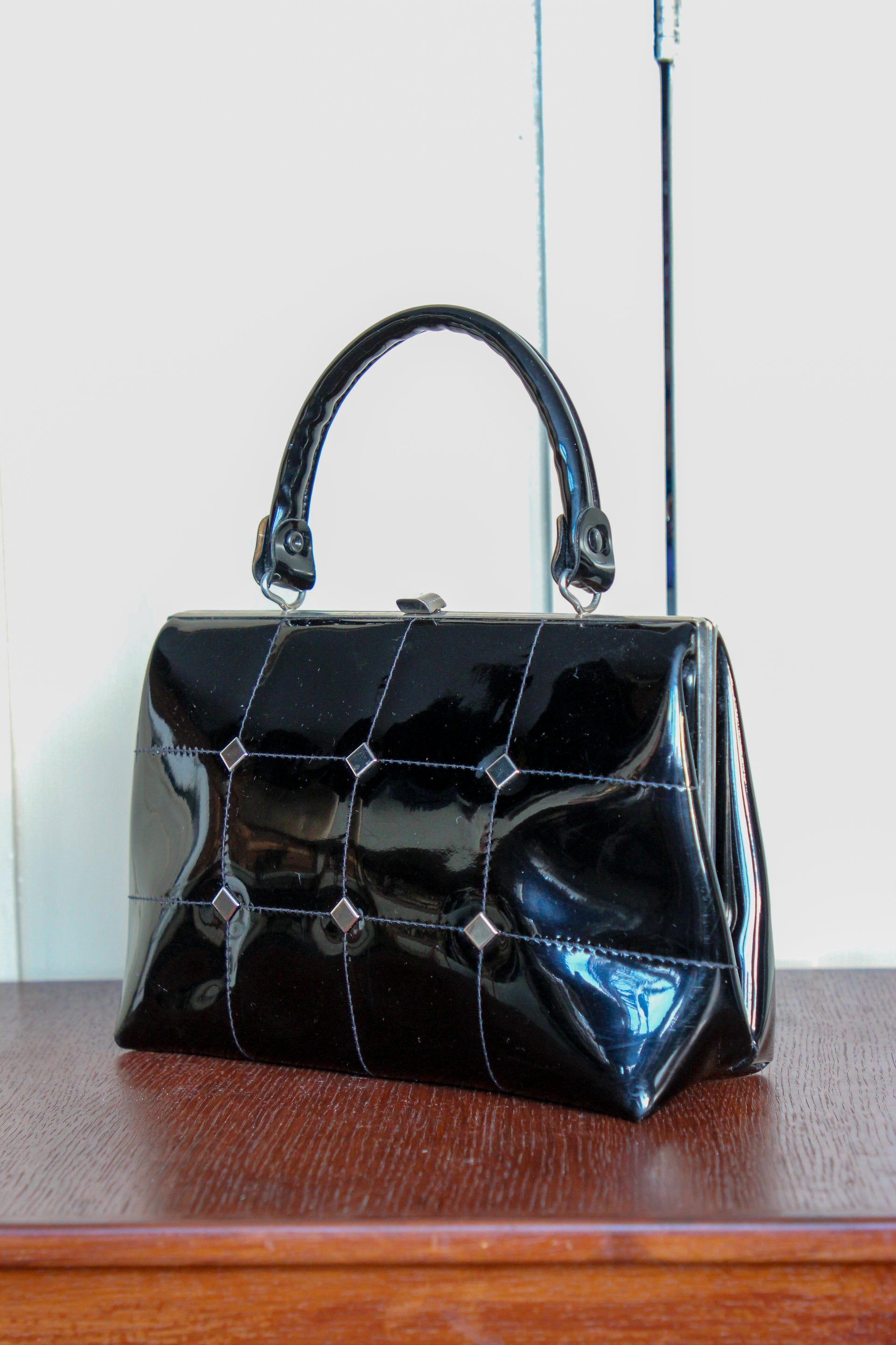 1960s Vintage Black Vinyl Top Handle Bag/Purse with Silver Closure