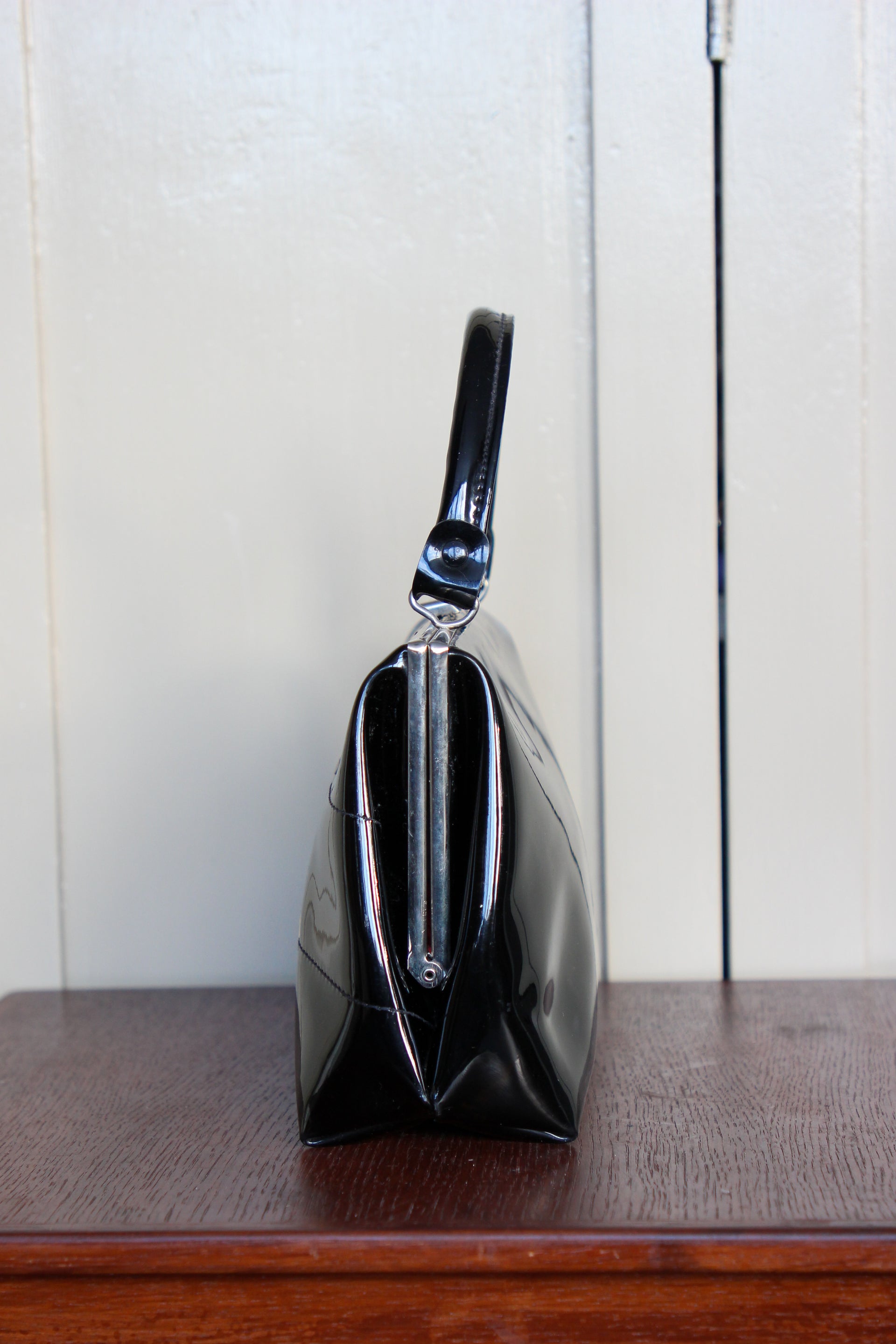 1960s Vintage Black Vinyl Top Handle Bag/Purse with Silver Closure