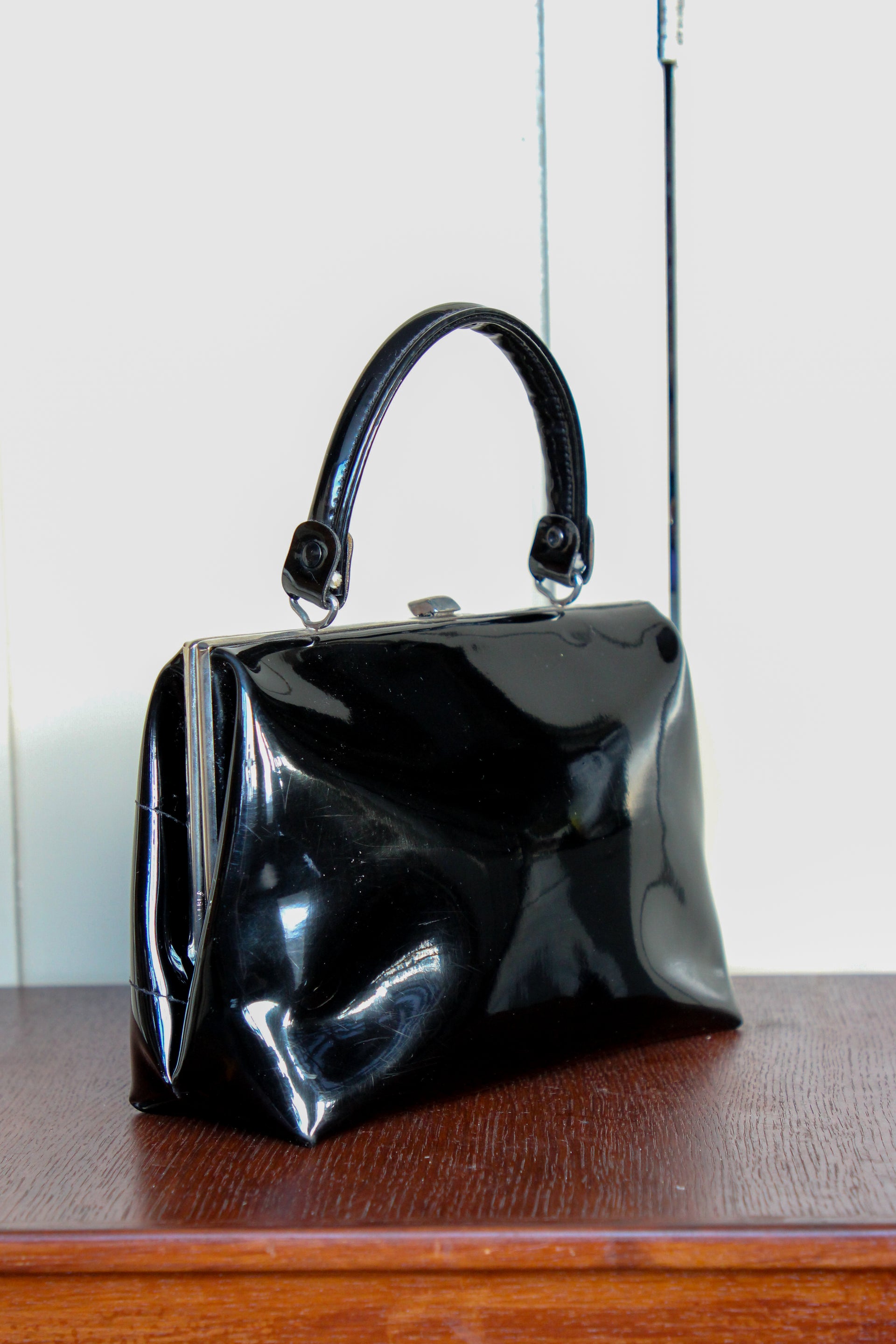 1960s Vintage Black Vinyl Top Handle Bag/Purse with Silver Closure