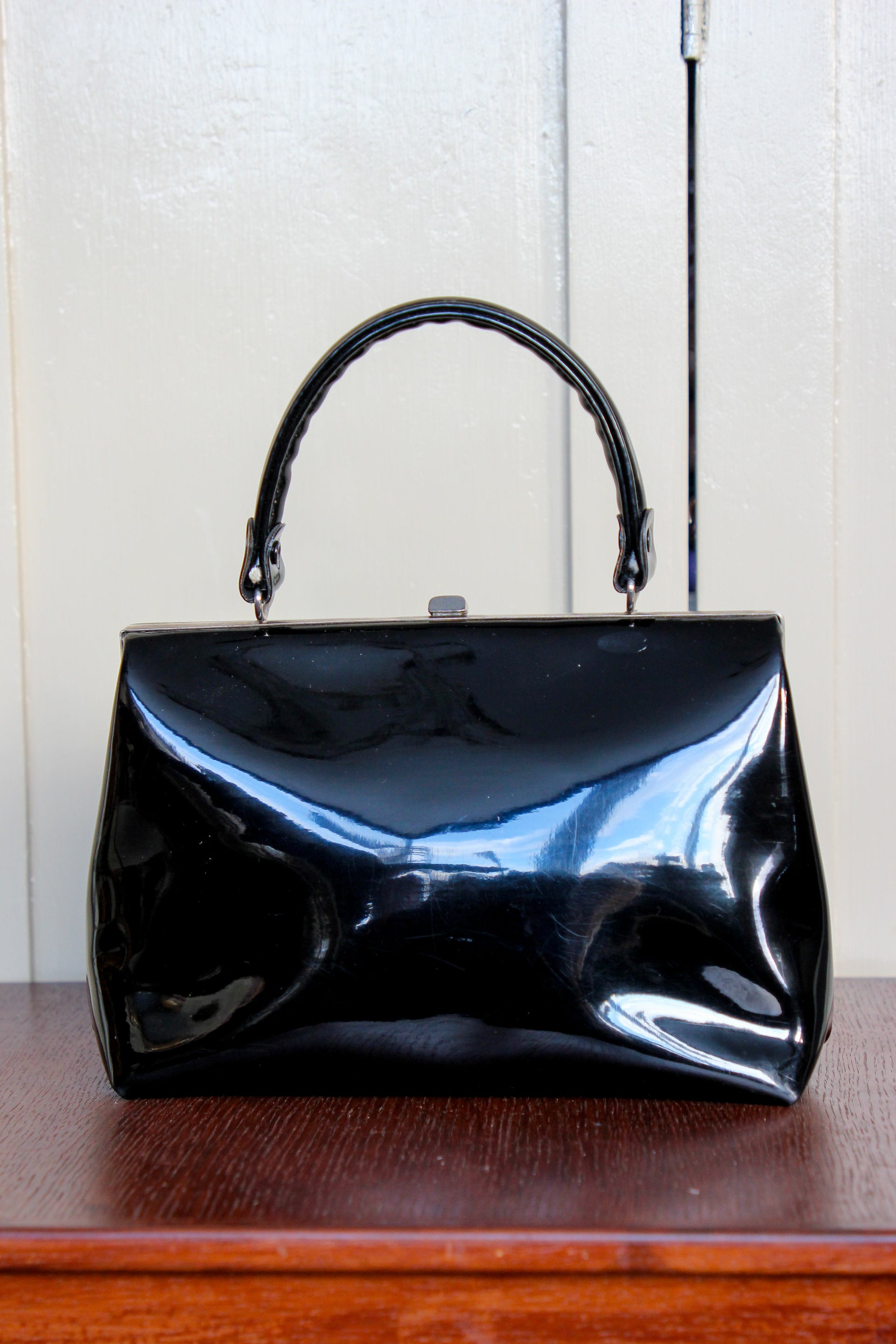 1960s Vintage Black Vinyl Top Handle Bag/Purse with Silver Closure