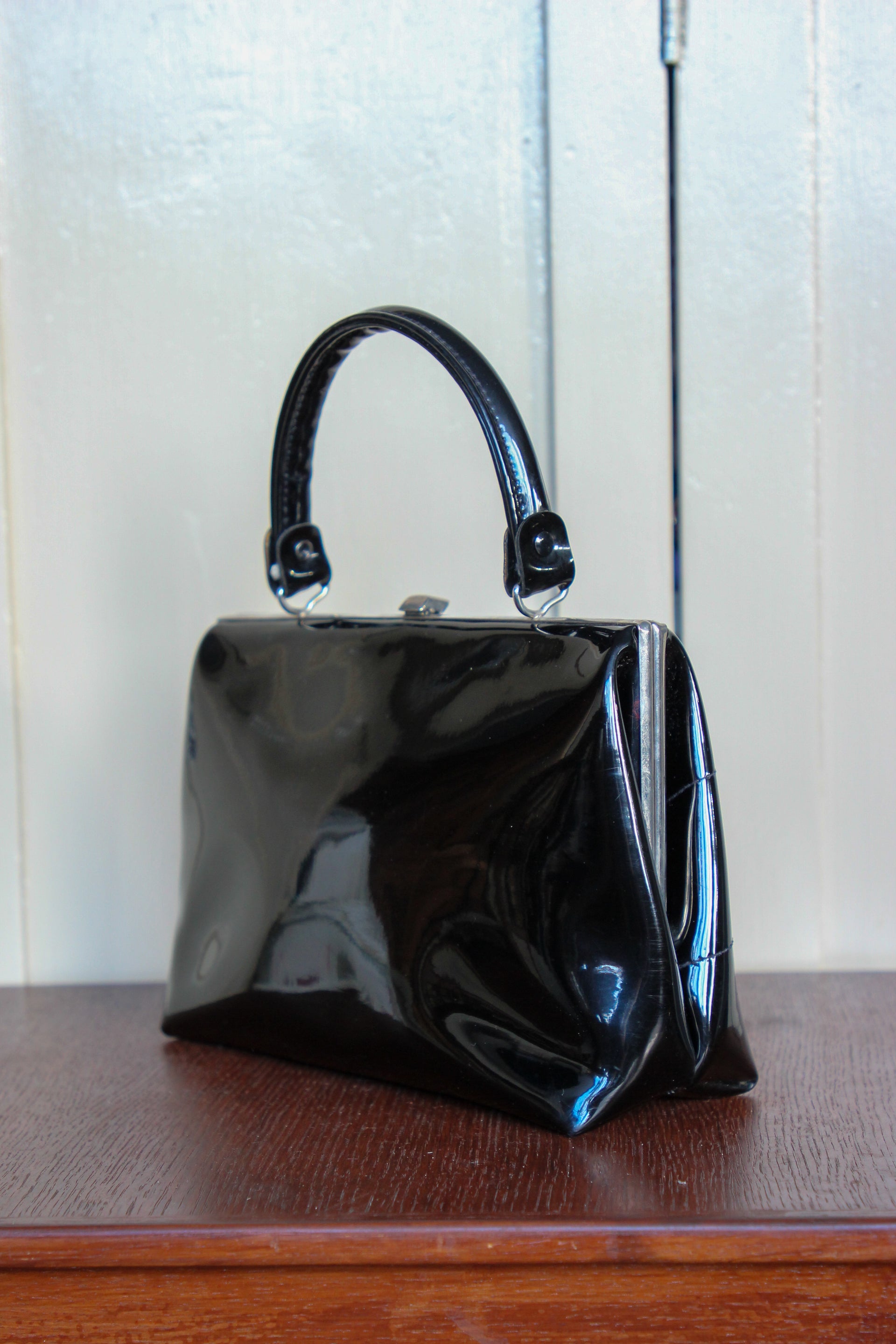 1960s Vintage Black Vinyl Top Handle Bag/Purse with Silver Closure