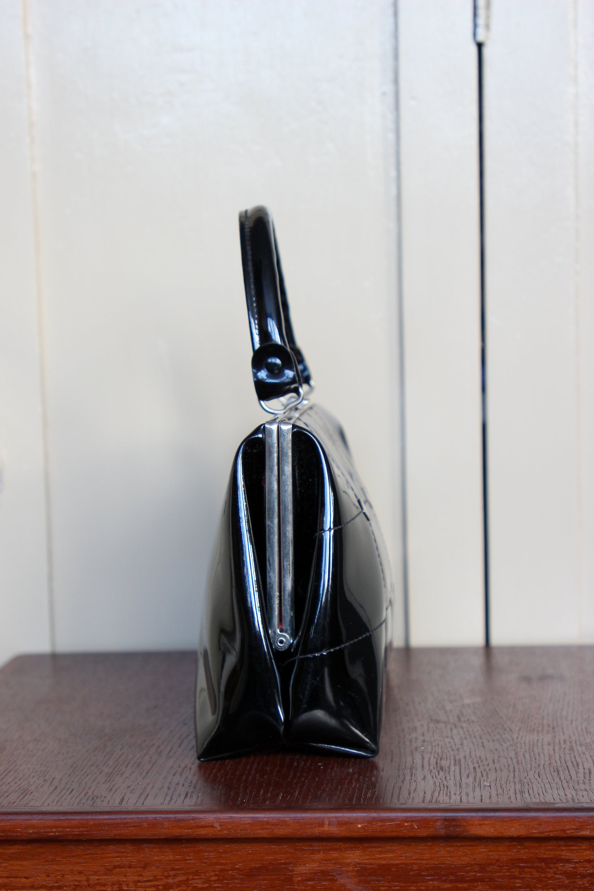 1960s Vintage Black Vinyl Top Handle Bag/Purse with Silver Closure