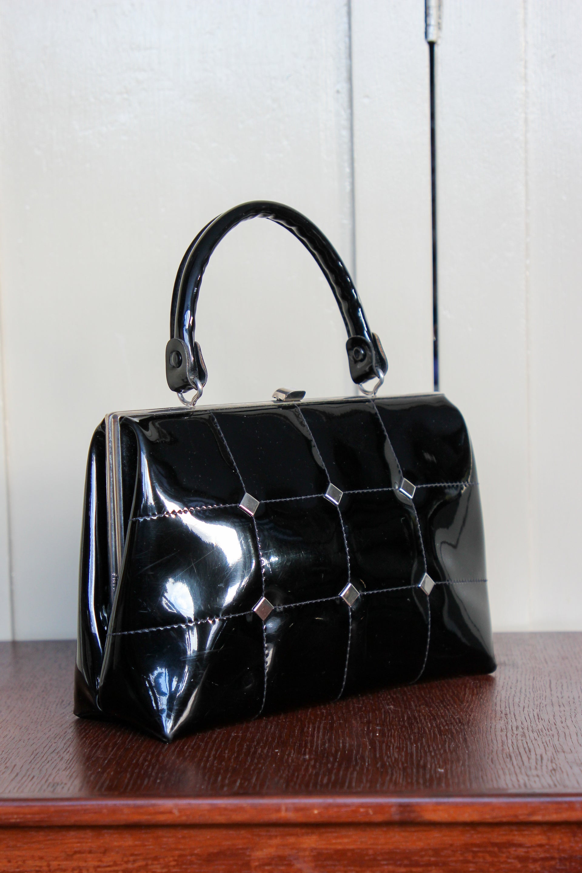 1960s Vintage Black Vinyl Top Handle Bag/Purse with Silver Closure