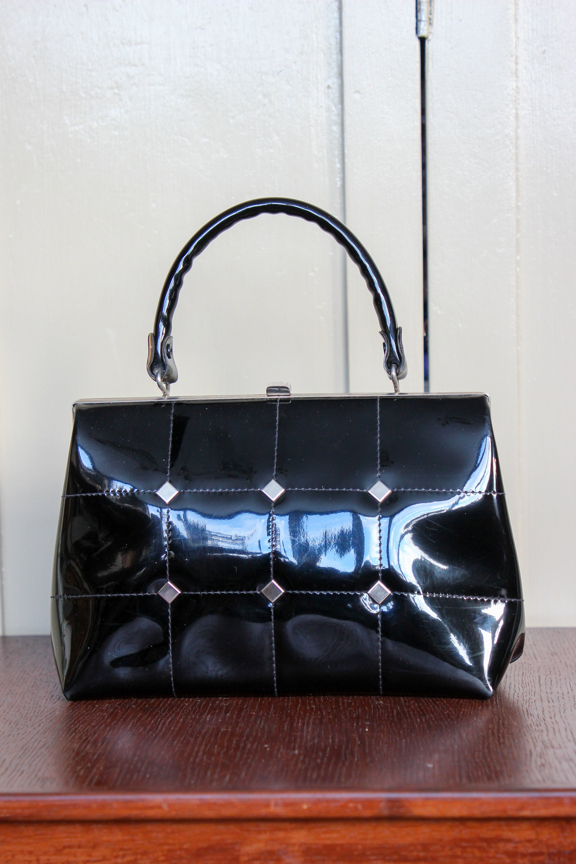 1960s Vintage Black Vinyl Top Handle Bag/Purse with Silver Closure