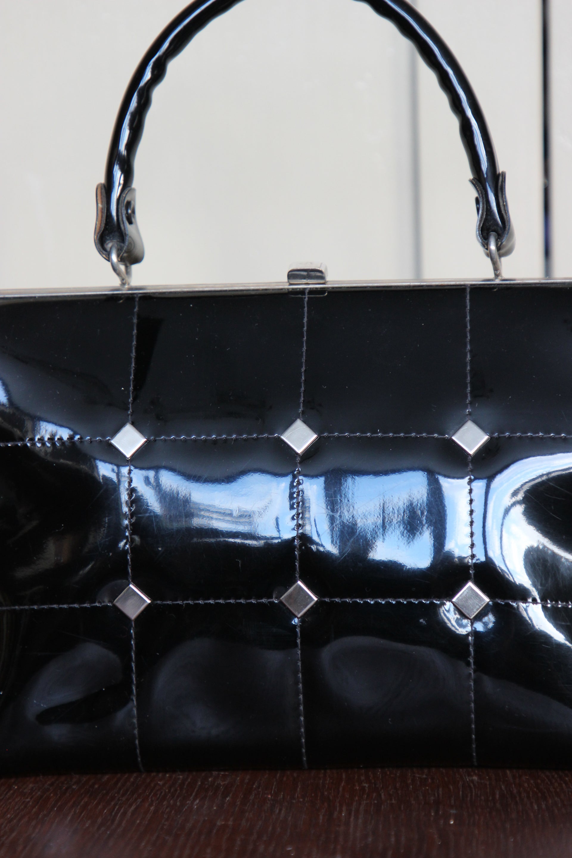 1960s Vintage Black Vinyl Top Handle Bag/Purse with Silver Closure