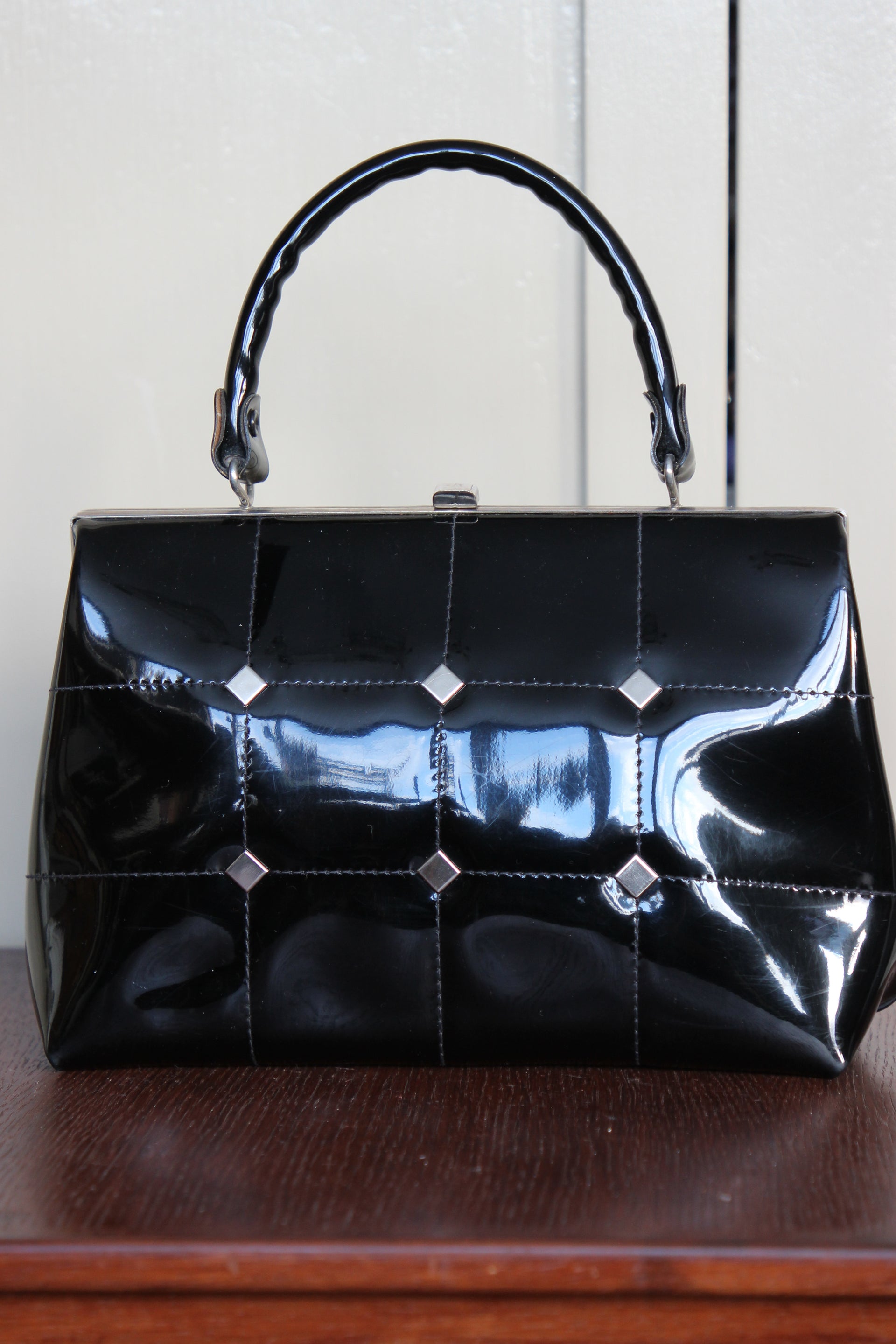 1960s Vintage Black Vinyl Top Handle Bag/Purse with Silver Closure