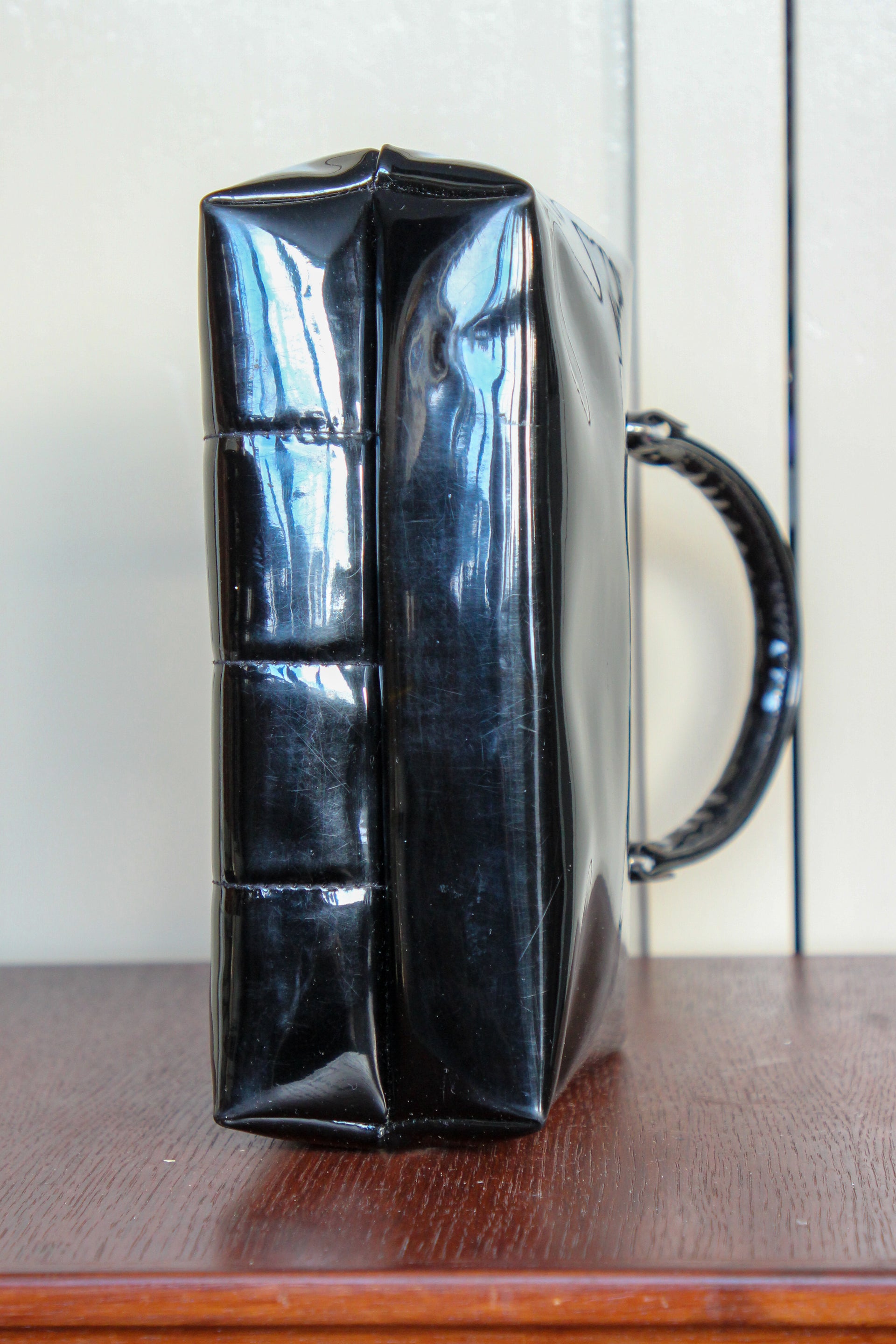 1960s Vintage Black Vinyl Top Handle Bag/Purse with Silver Closure