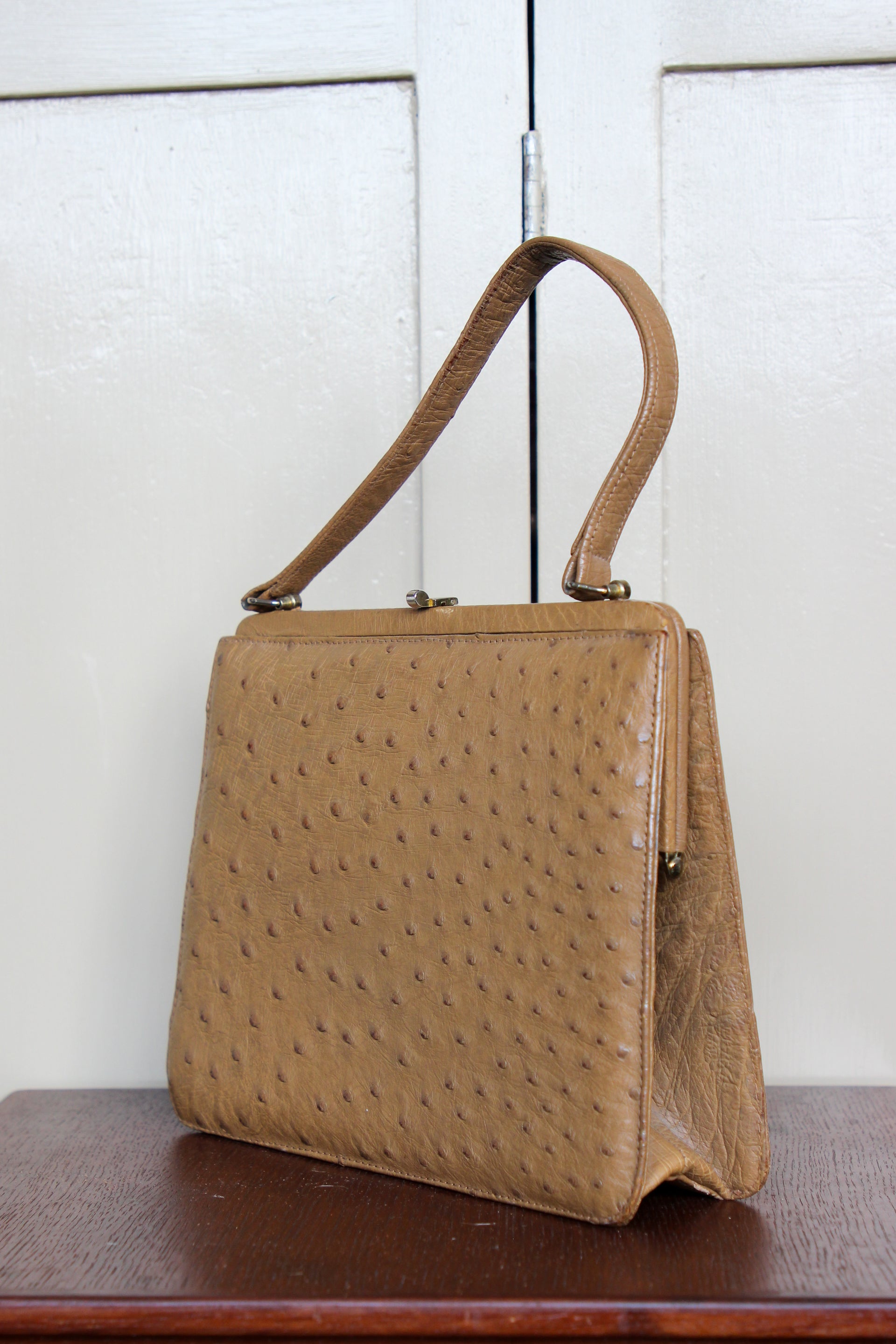 1950s 1960s Vintage Brown Ostrich Leather Top Handle Bag/Purse