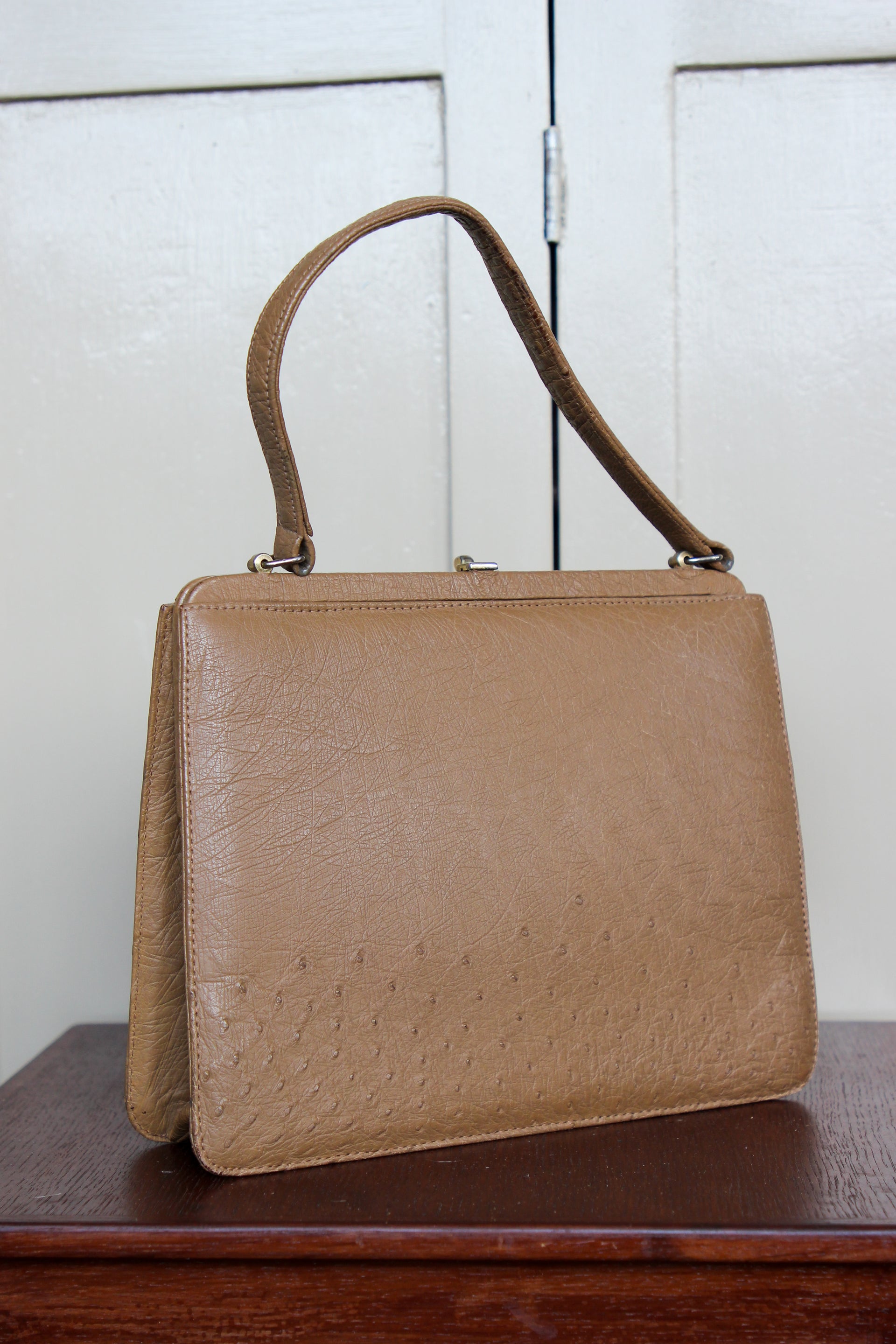 1950s 1960s Vintage Brown Ostrich Leather Top Handle Bag/Purse