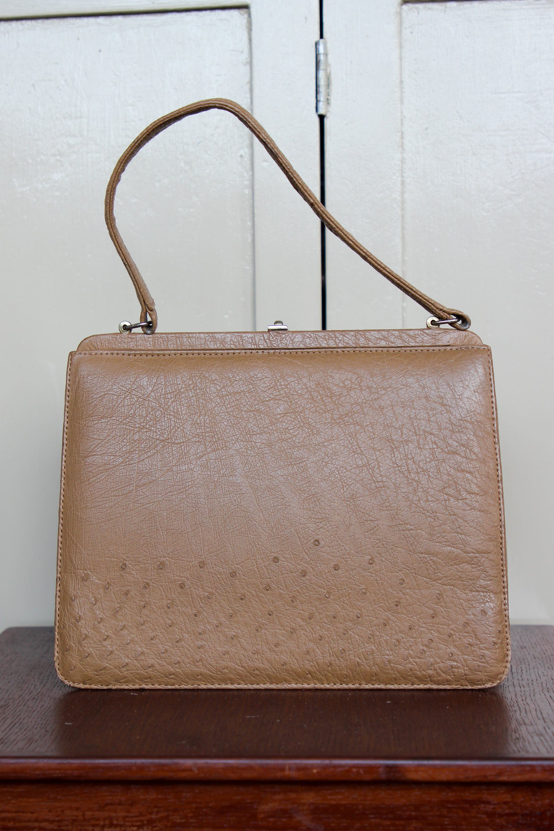 1950s 1960s Vintage Brown Ostrich Leather Top Handle Bag/Purse