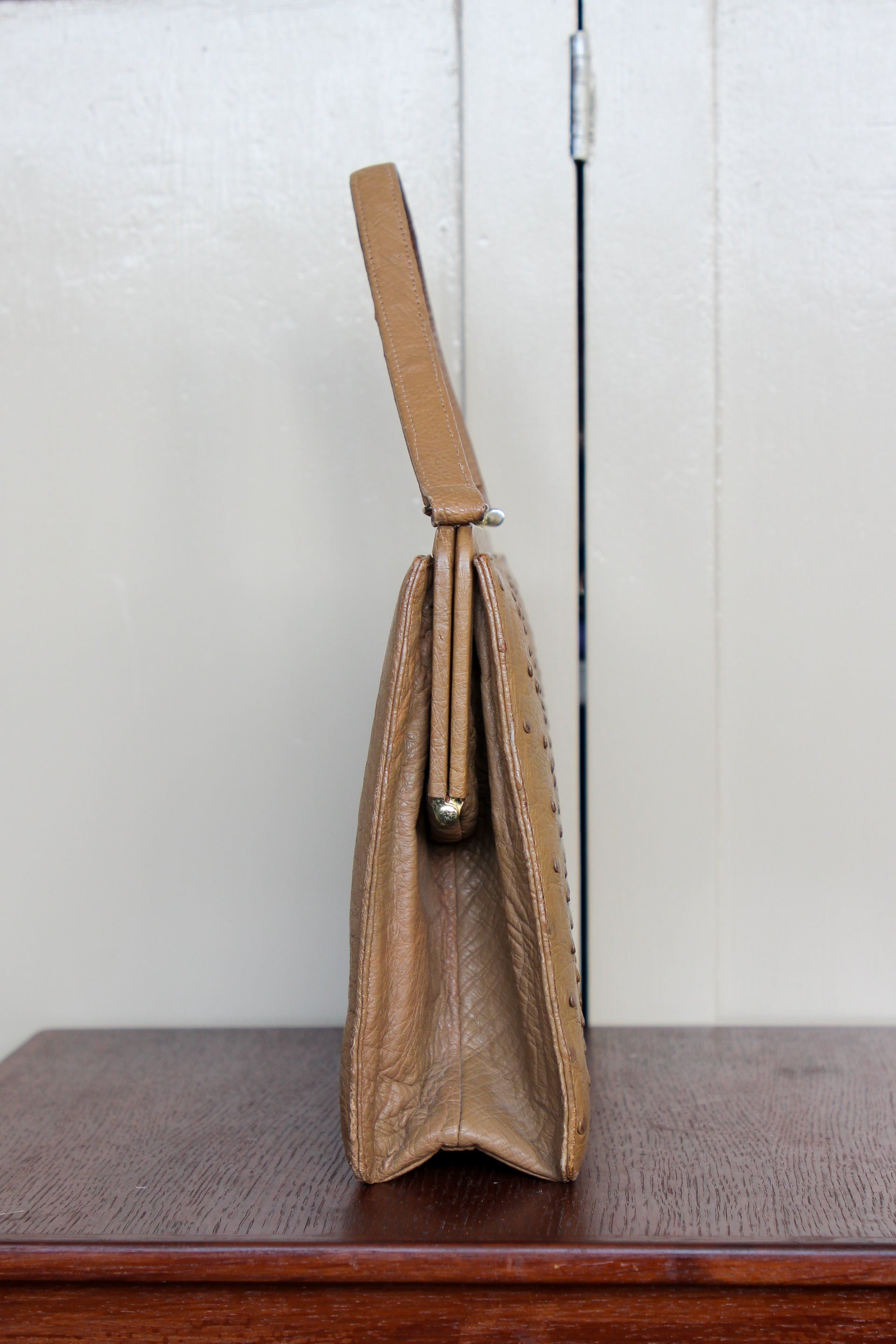 1950s 1960s Vintage Brown Ostrich Leather Top Handle Bag/Purse