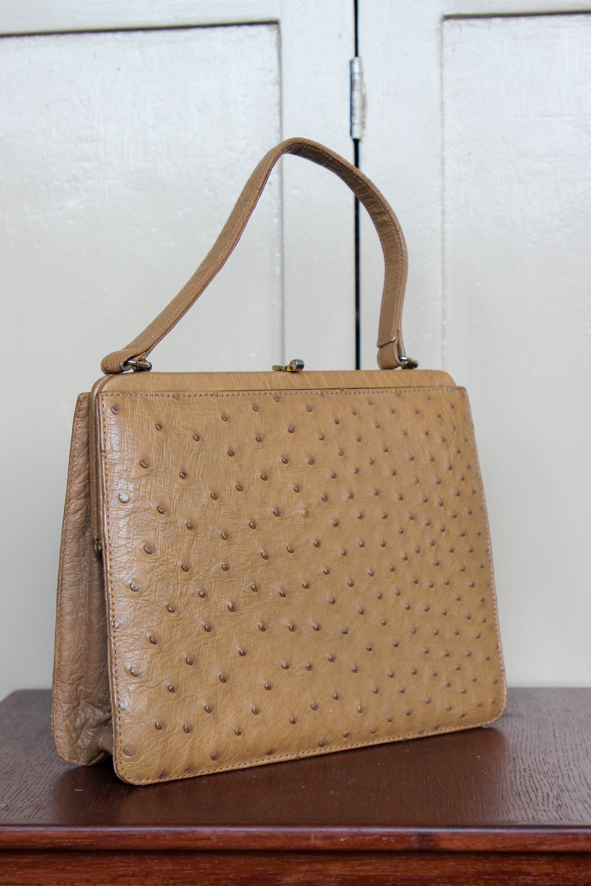 1950s 1960s Vintage Brown Ostrich Leather Top Handle Bag/Purse