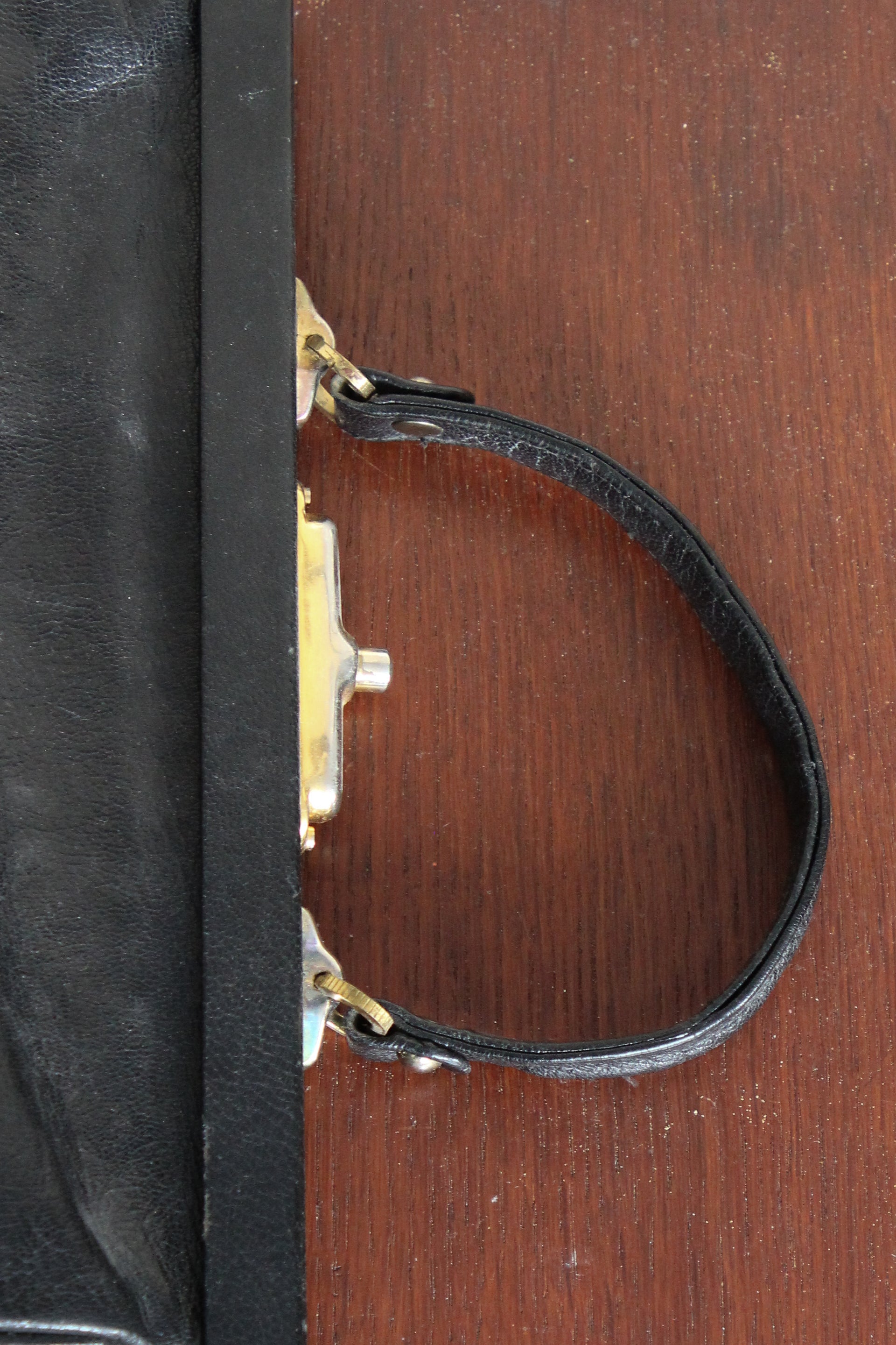 B141 1960s Vintage Black Leather Top Handle Bag with Red Linen