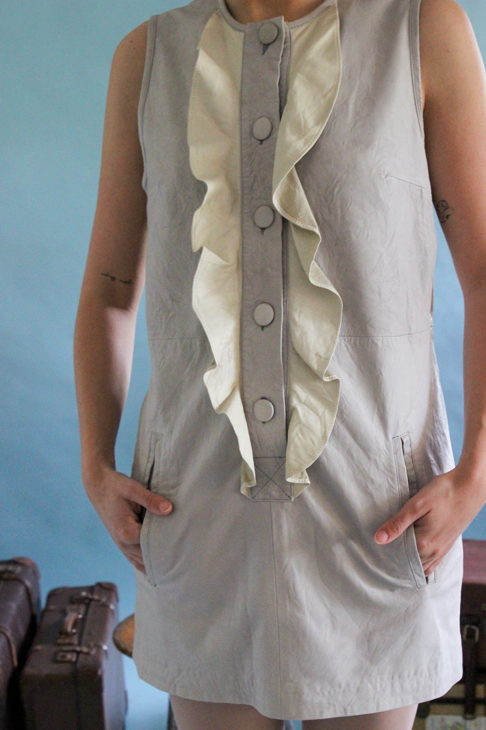Vintage Grey and Ivory Mini Leather Dress // Size XS/S