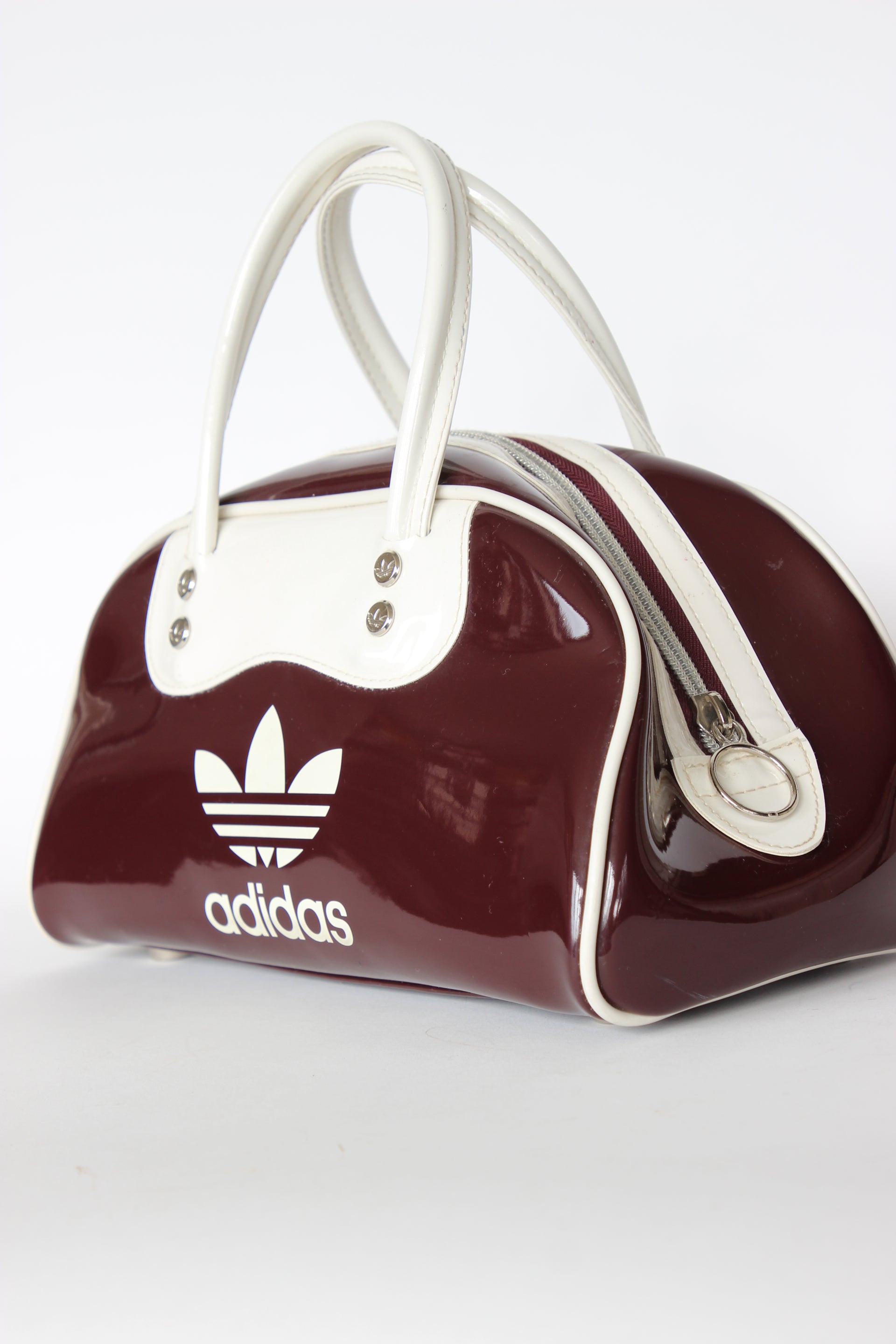 1990s Vintage Burgundy and Ivory Adidas Vinyl Top Handle Bag