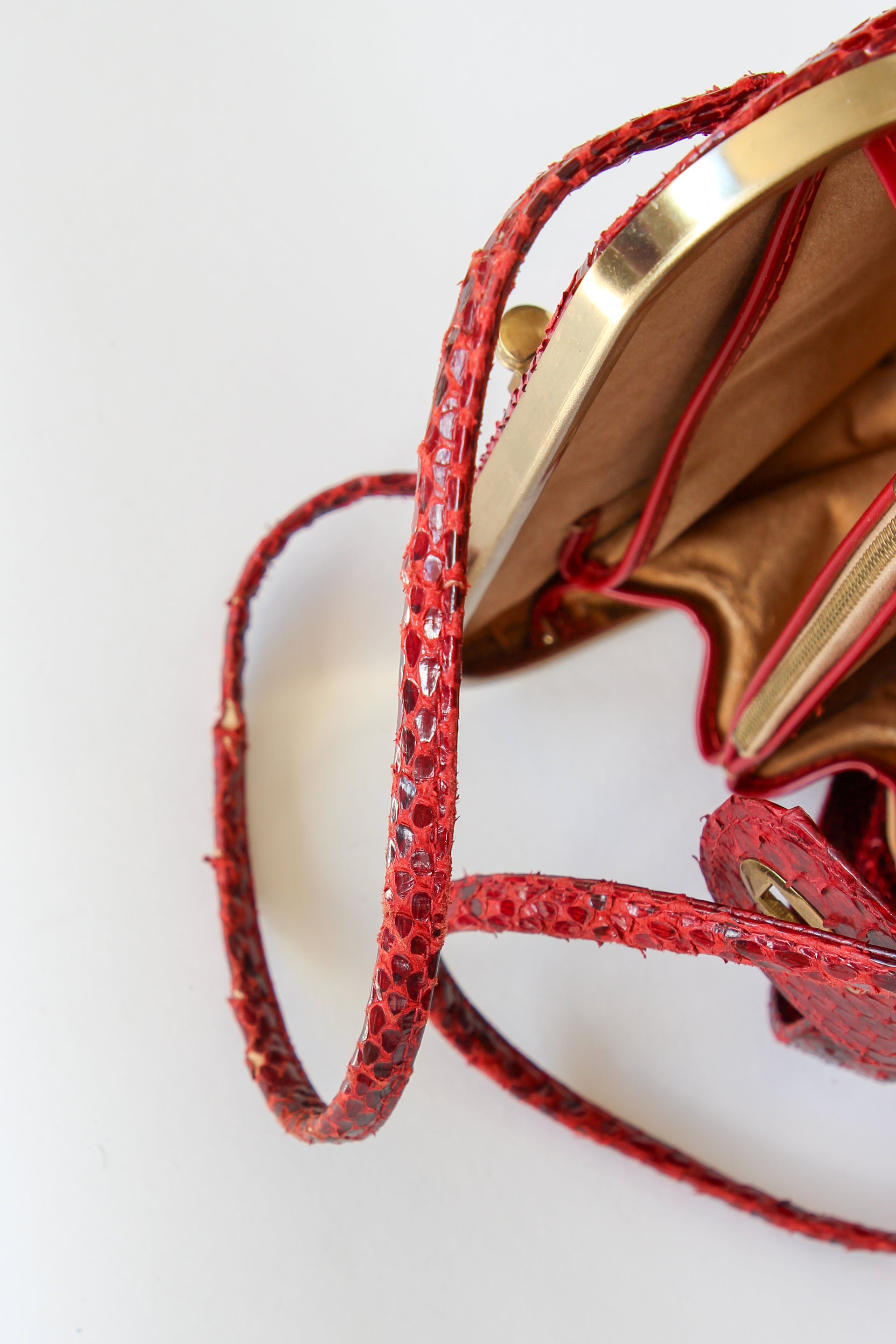 1940s Vintage Red Leather Top Handle Bag with Golden Closure