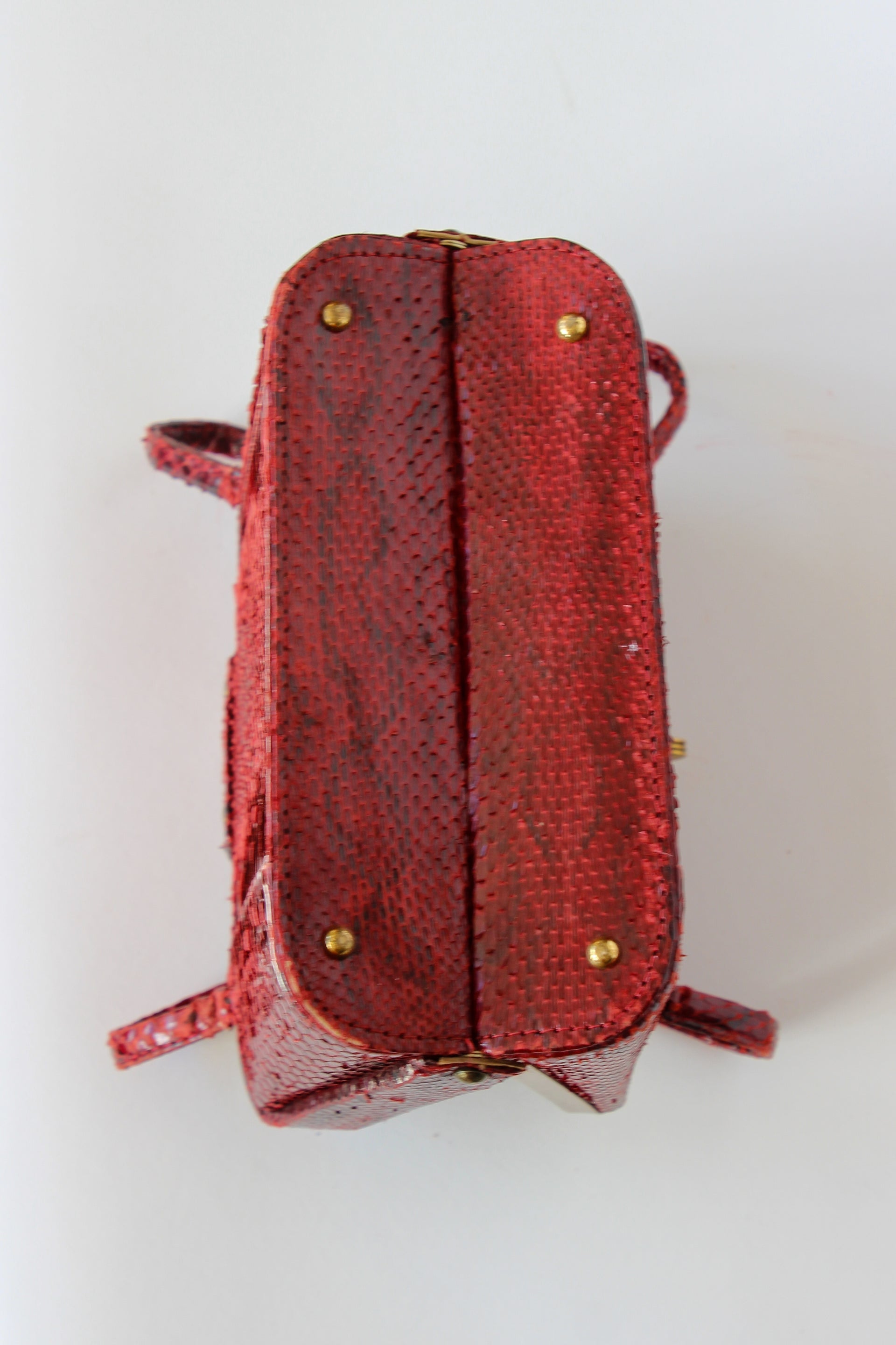 1940s Vintage Red Leather Top Handle Bag with Golden Closure