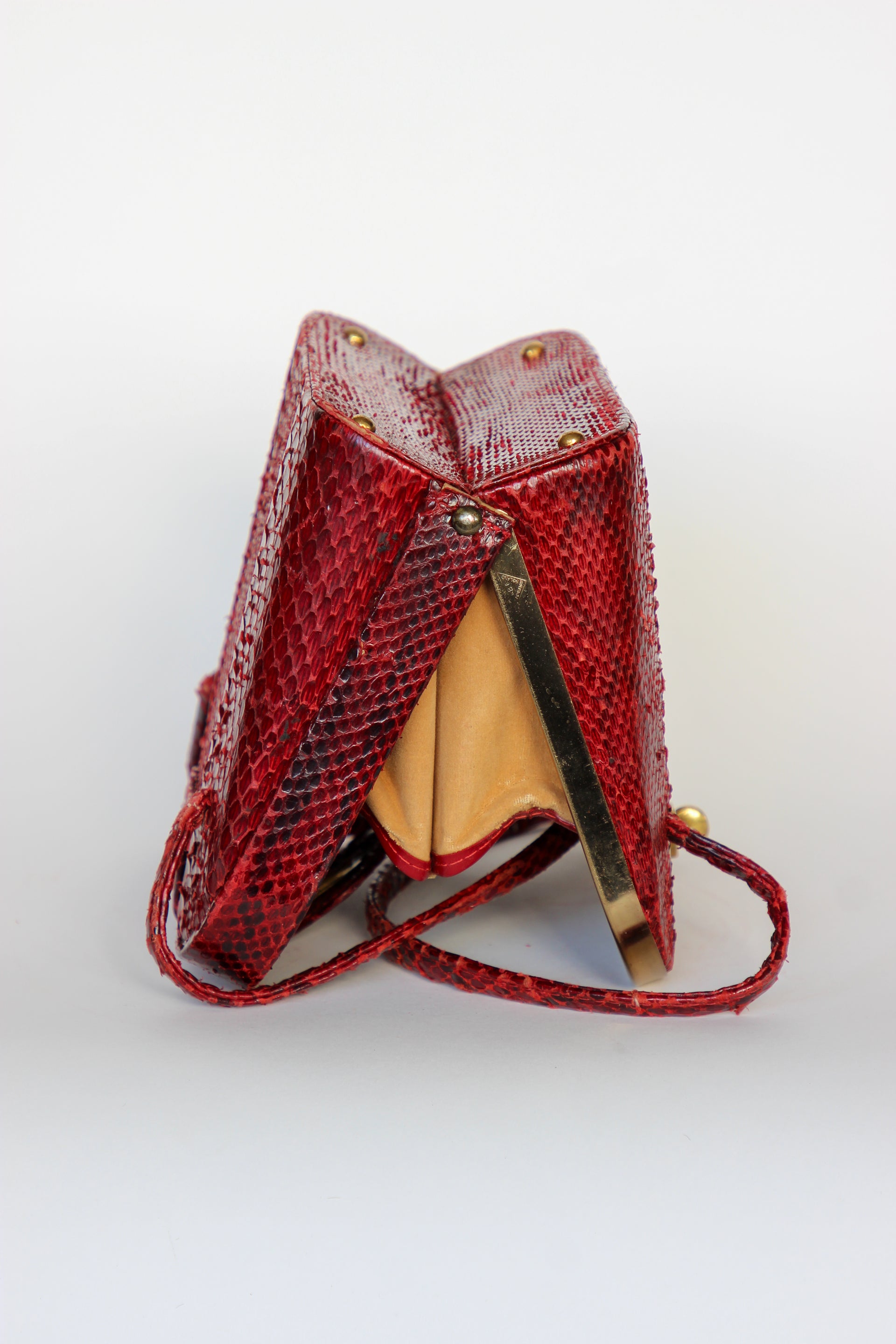 1940s Vintage Red Leather Top Handle Bag with Golden Closure