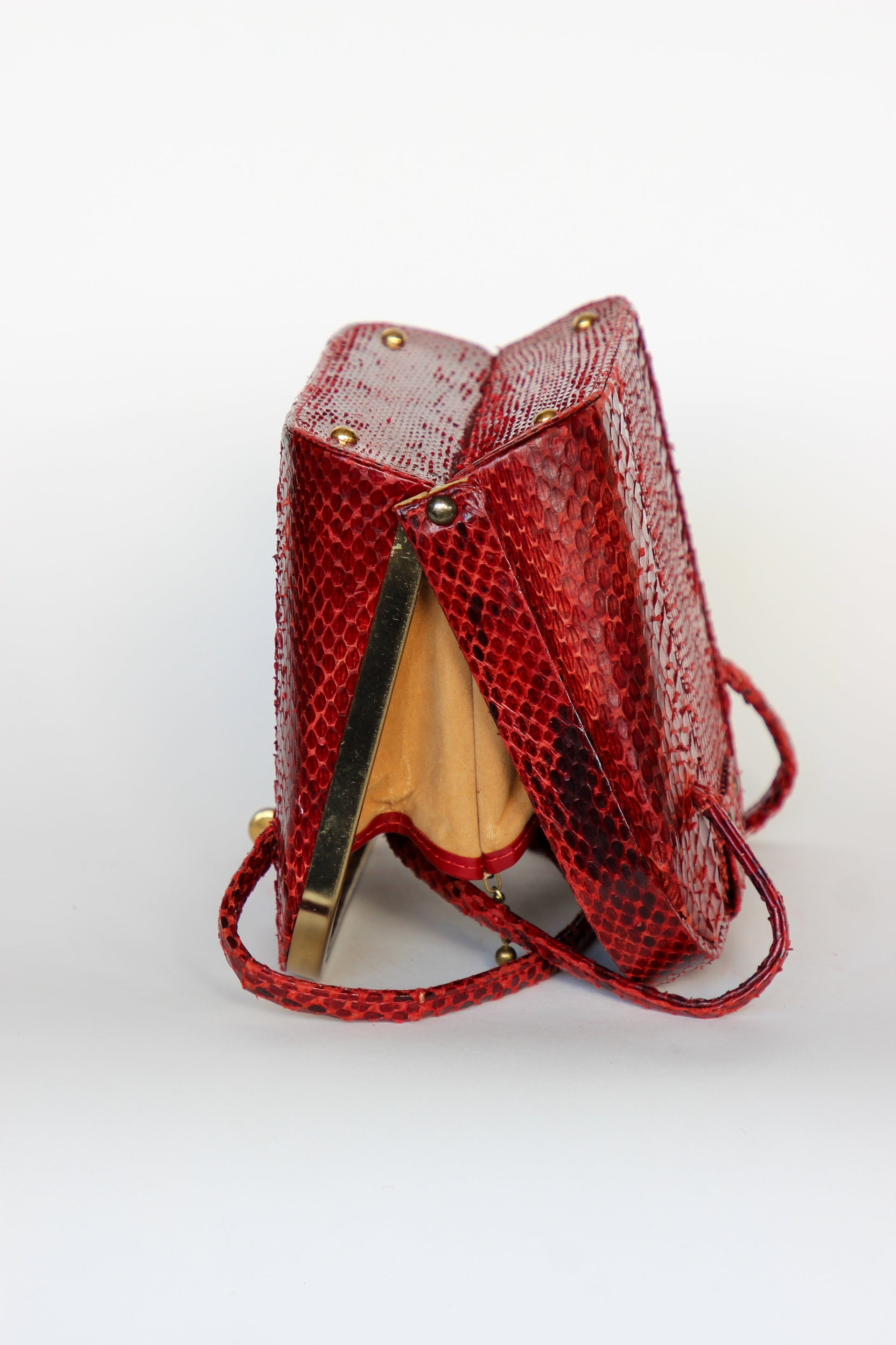 1940s Vintage Red Leather Top Handle Bag with Golden Closure