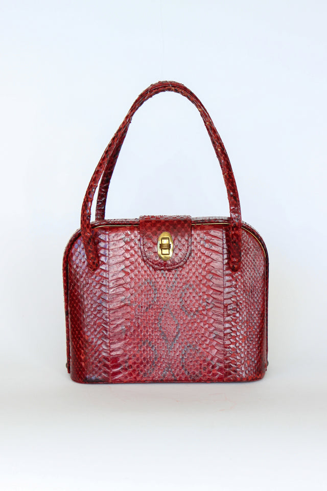 1940s Vintage Red Leather Top Handle Bag with Golden Closure