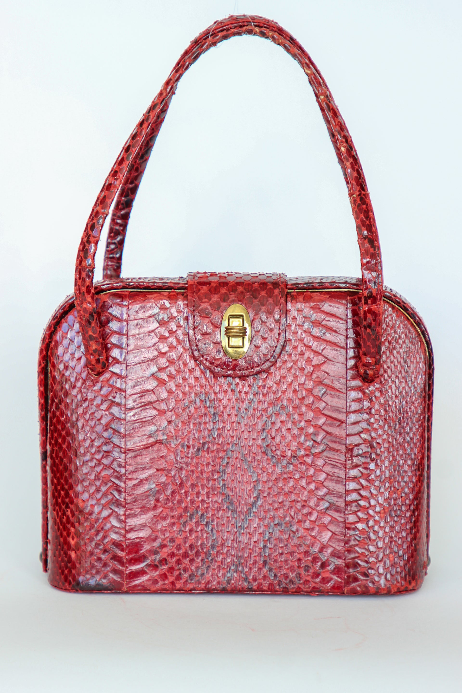 1940s Vintage Red Leather Top Handle Bag with Golden Closure