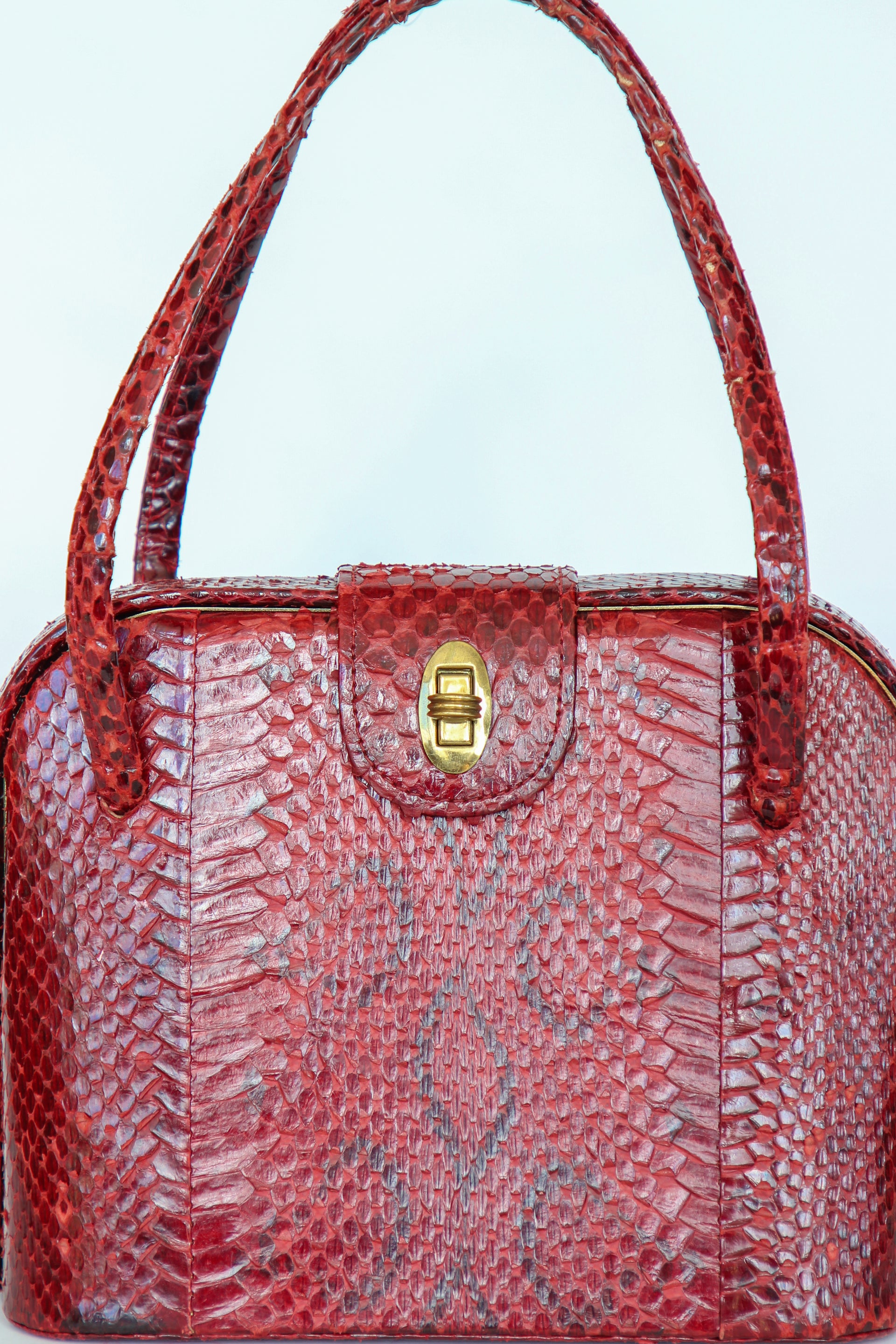 1940s Vintage Red Leather Top Handle Bag with Golden Closure