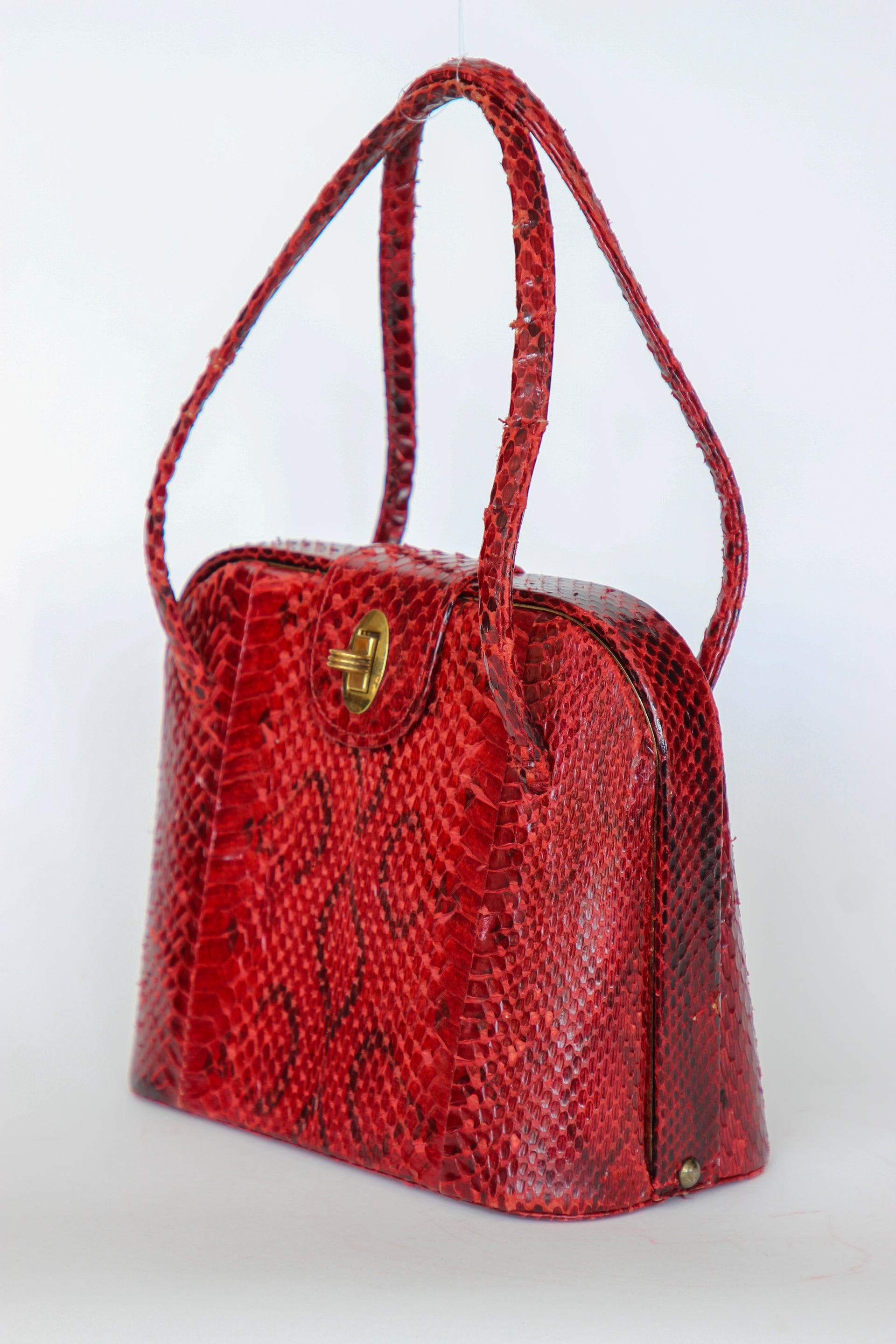 1940s Vintage Red Leather Top Handle Bag with Golden Closure
