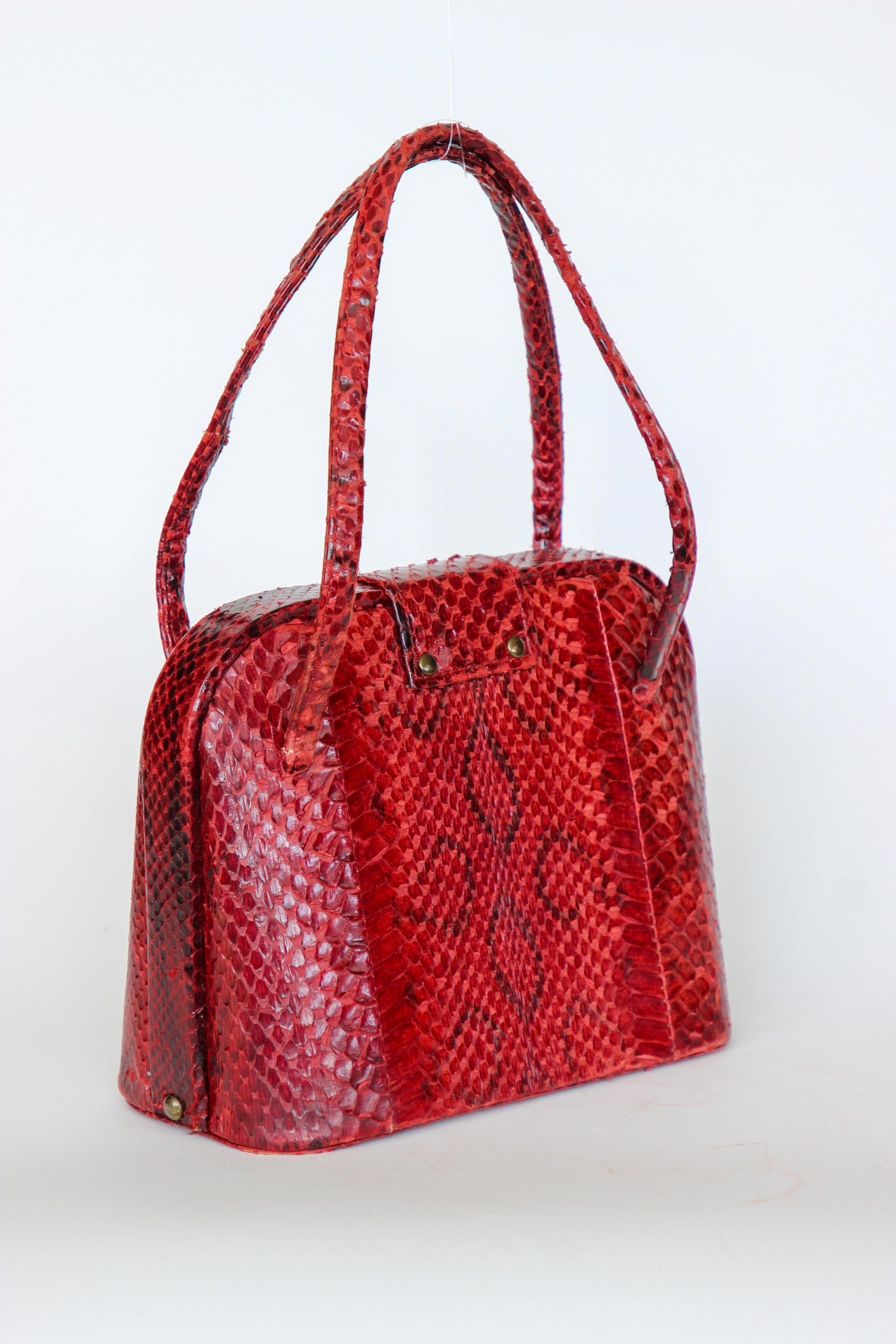 1940s Vintage Red Leather Top Handle Bag with Golden Closure