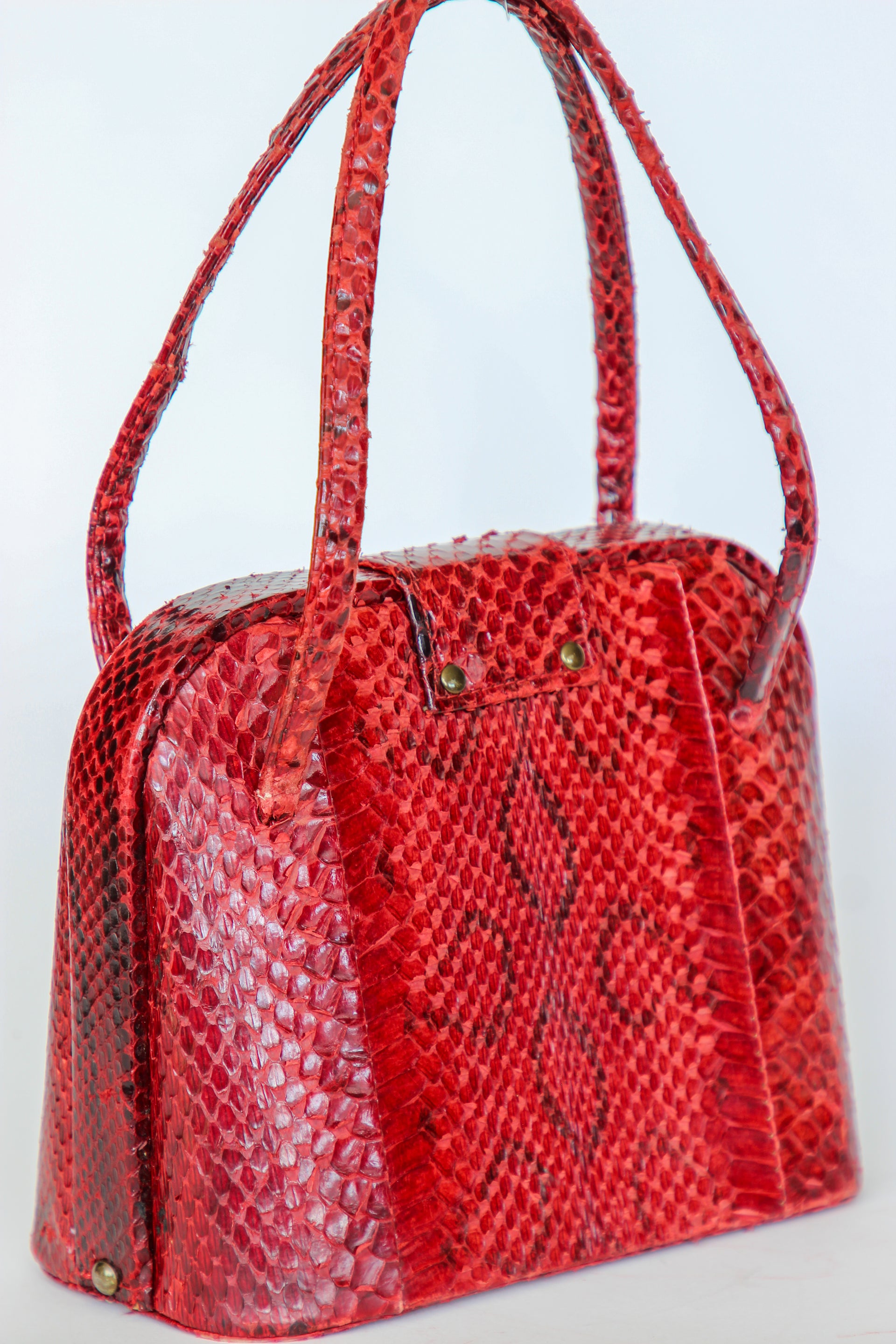 1940s Vintage Red Leather Top Handle Bag with Golden Closure