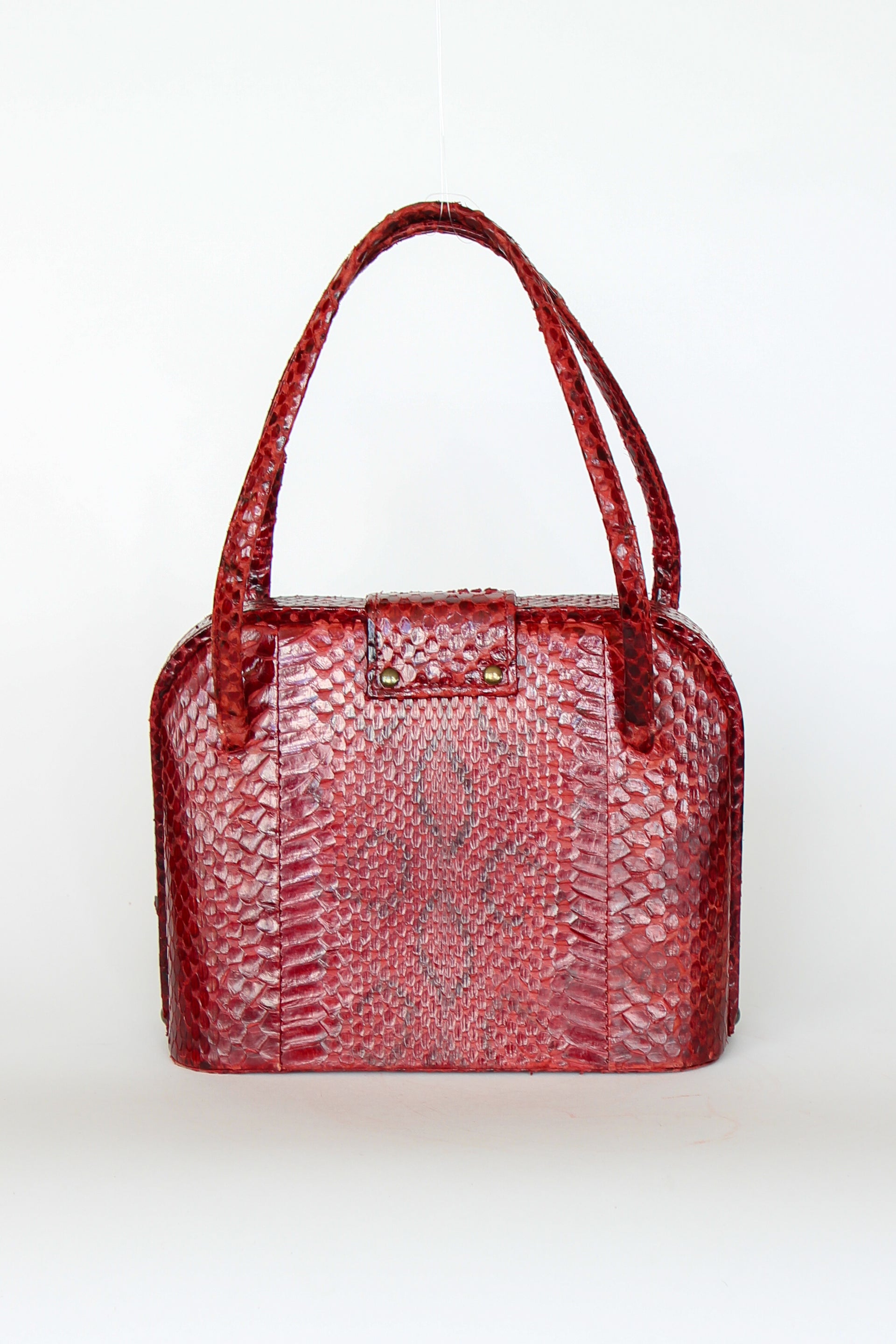 1940s Vintage Red Leather Top Handle Bag with Golden Closure