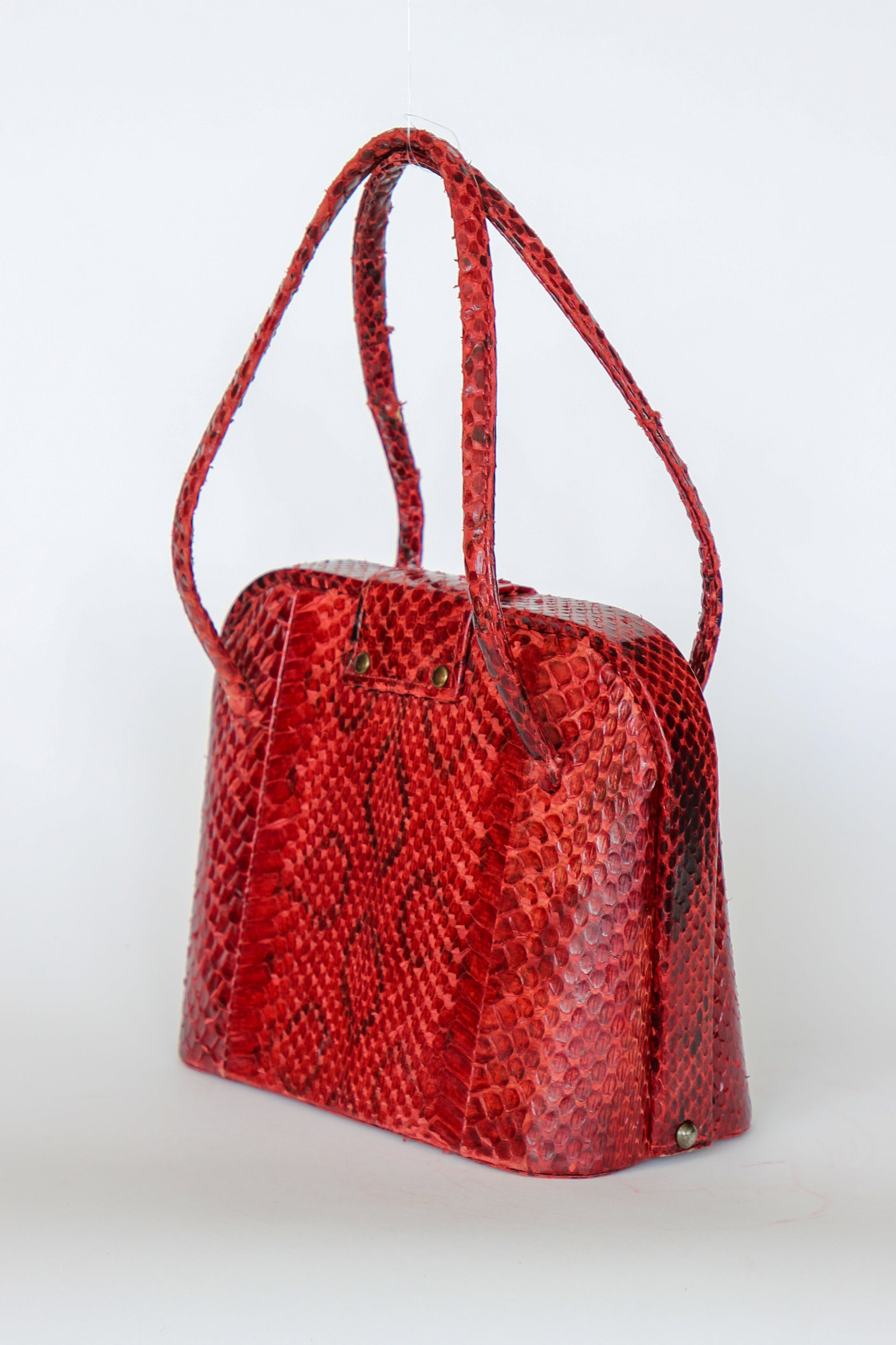 1940s Vintage Red Leather Top Handle Bag with Golden Closure