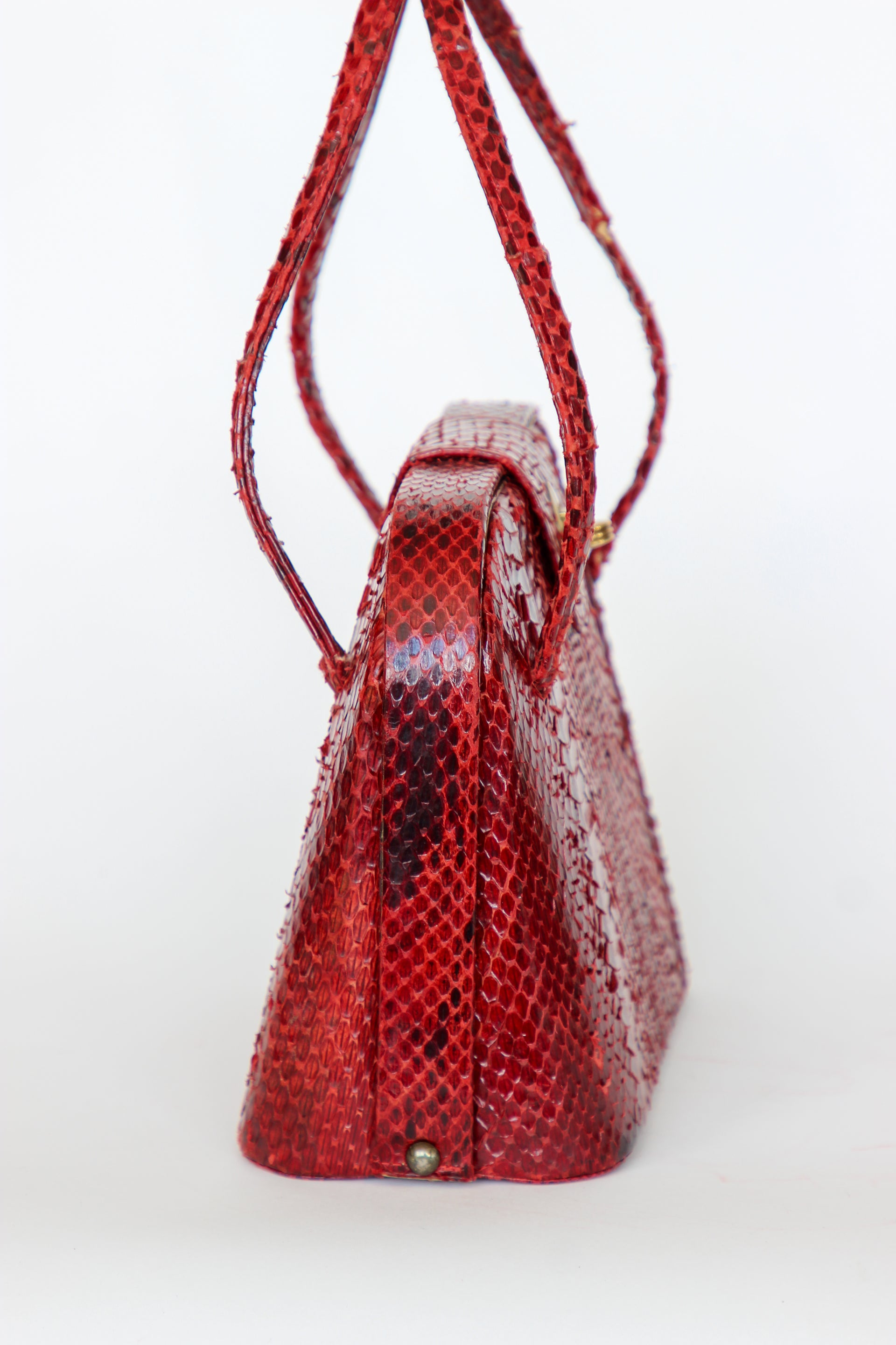 1940s Vintage Red Leather Top Handle Bag with Golden Closure