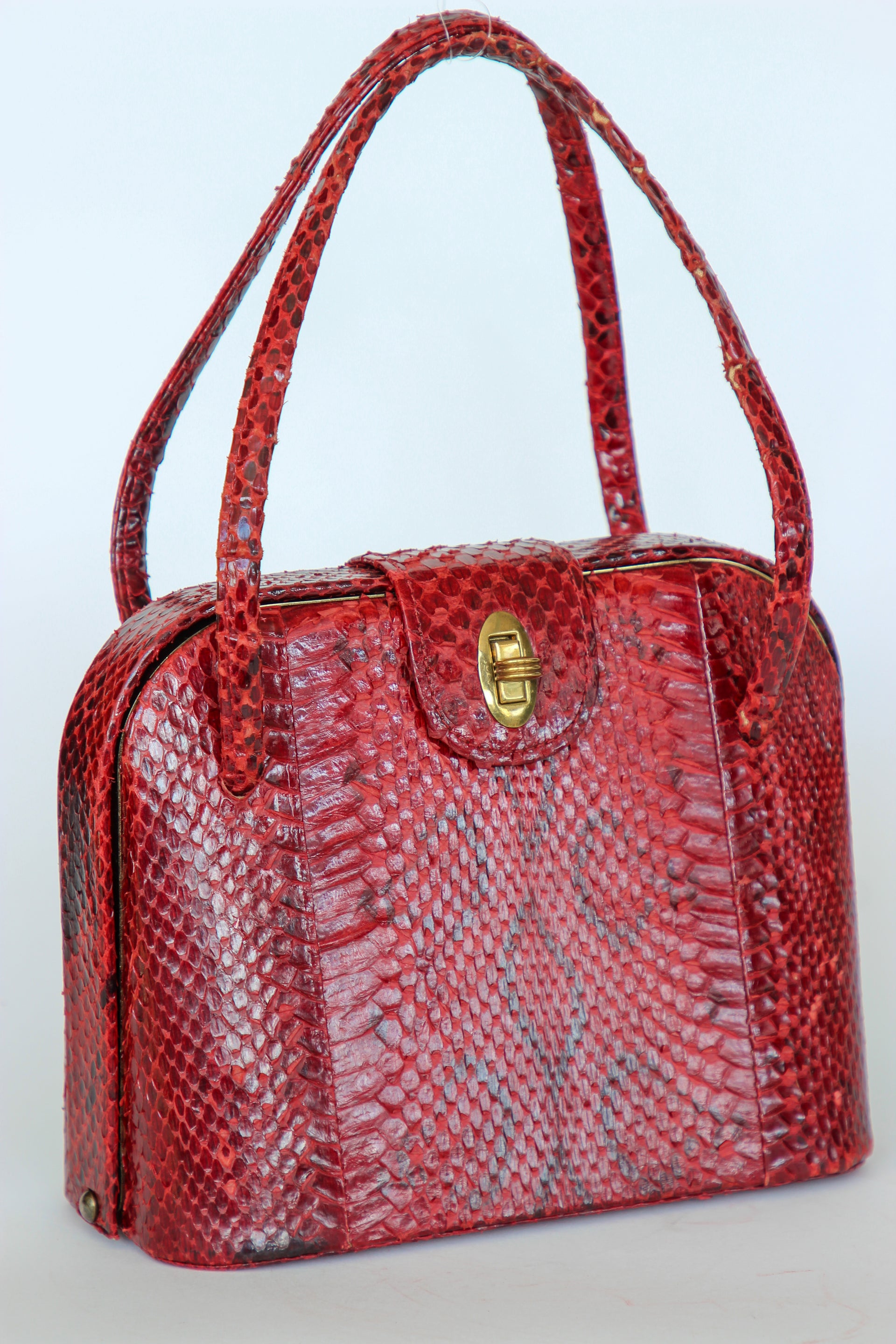 1940s Vintage Red Leather Top Handle Bag with Golden Closure