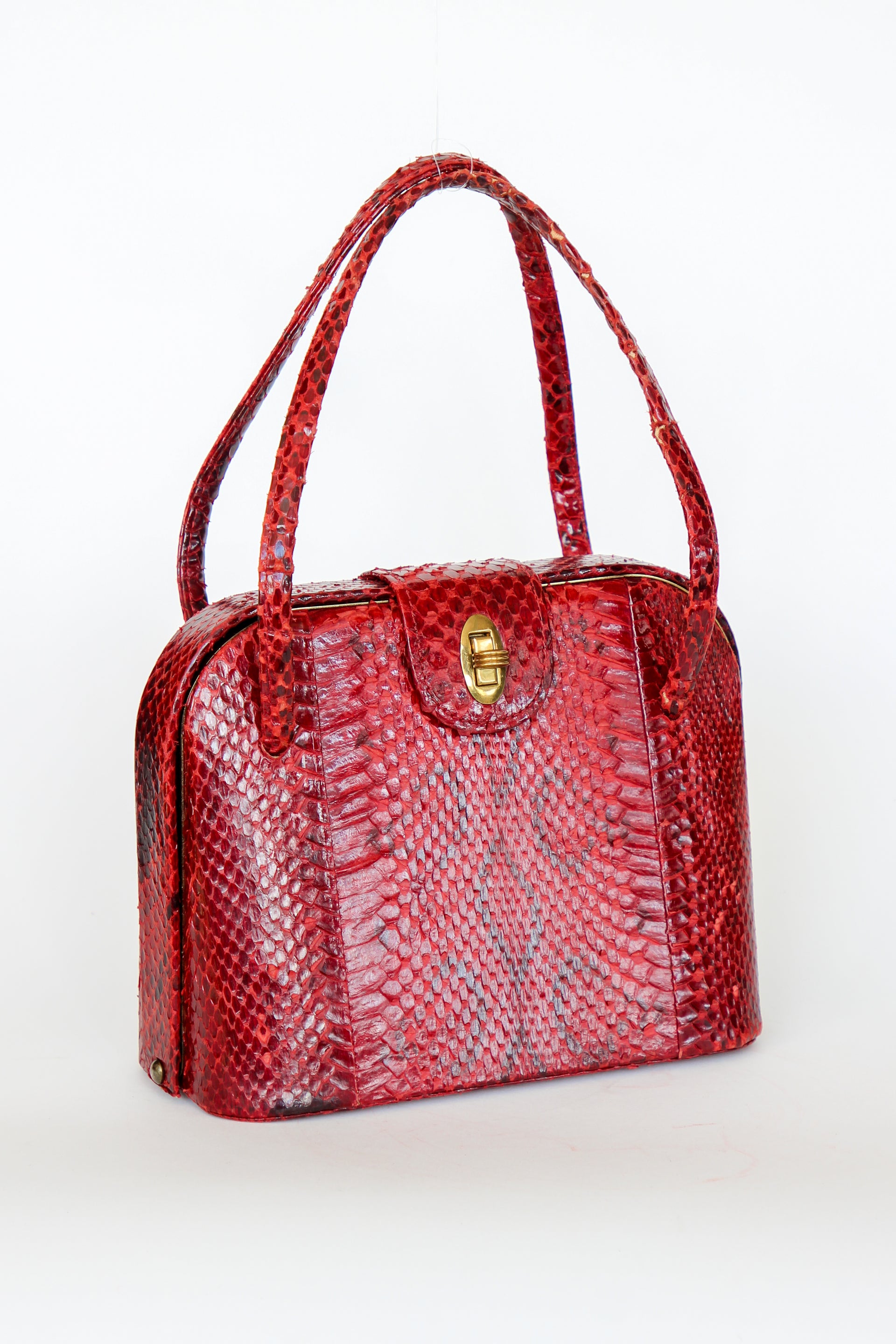 1940s Vintage Red Leather Top Handle Bag with Golden Closure