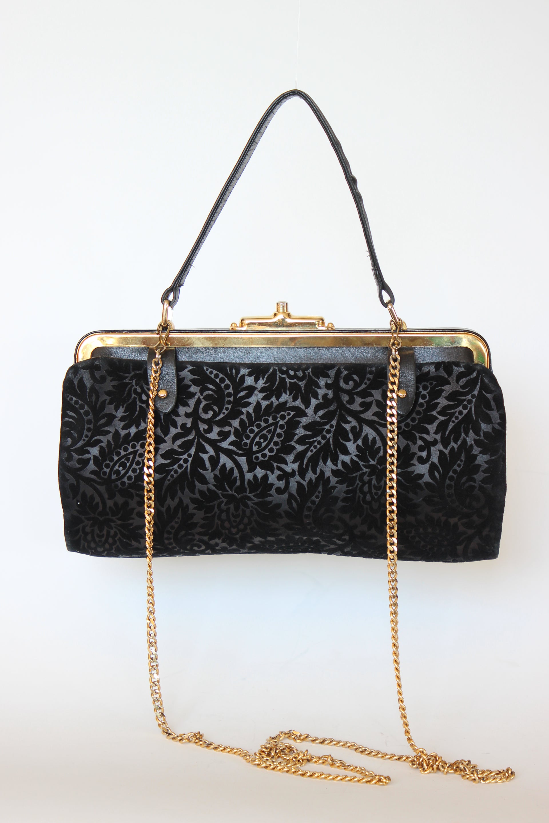 1960s Black Floral Suede/Leather Top Handle Bag/Shoulder Bag