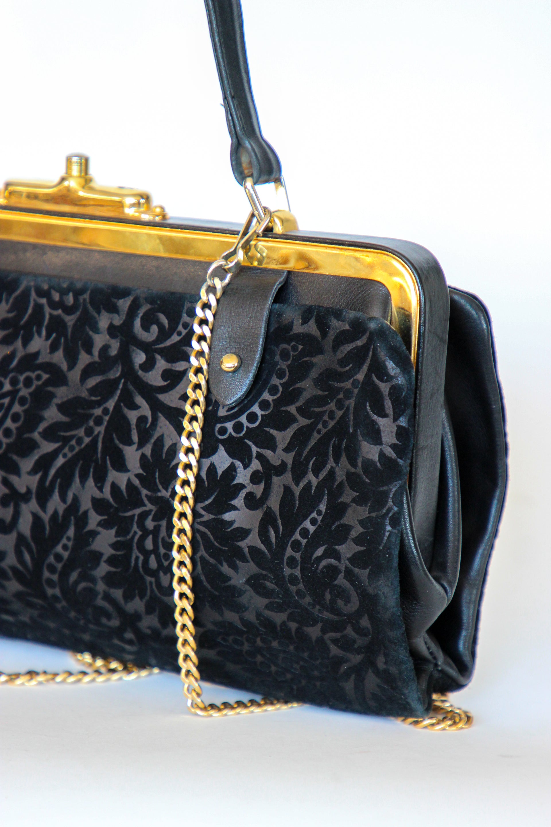 1960s Black Floral Suede/Leather Top Handle Bag/Shoulder Bag