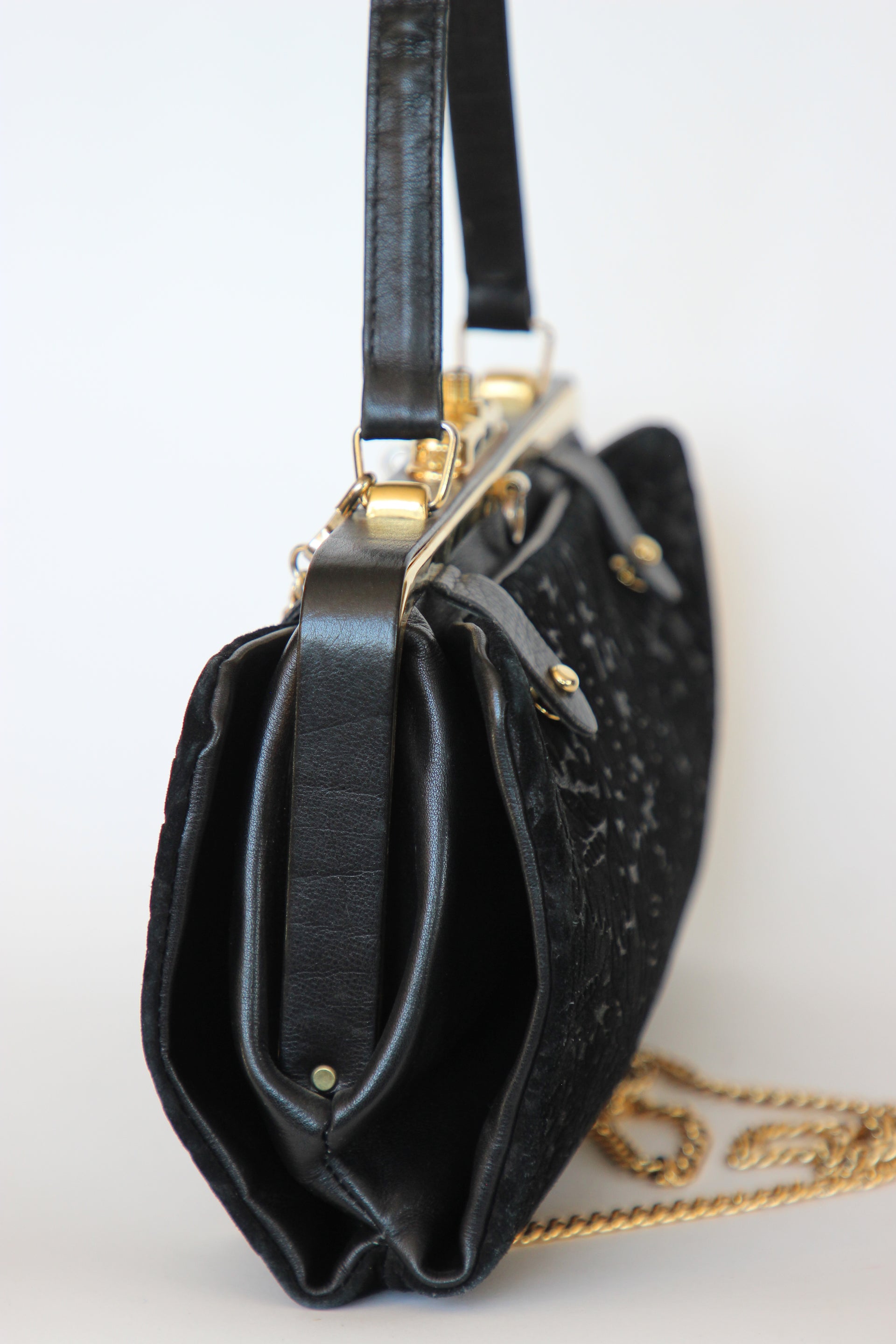 1960s Black Floral Suede/Leather Top Handle Bag/Shoulder Bag