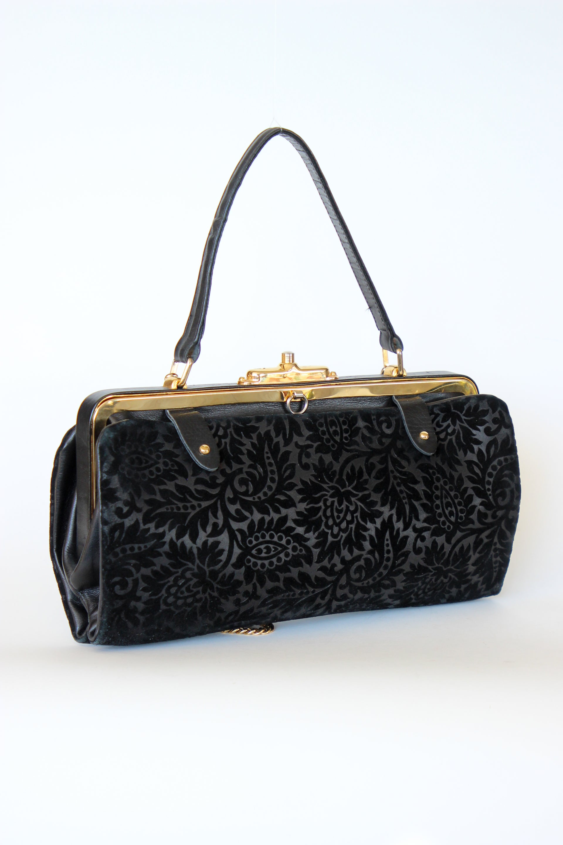 1960s Black Floral Suede/Leather Top Handle Bag/Shoulder Bag