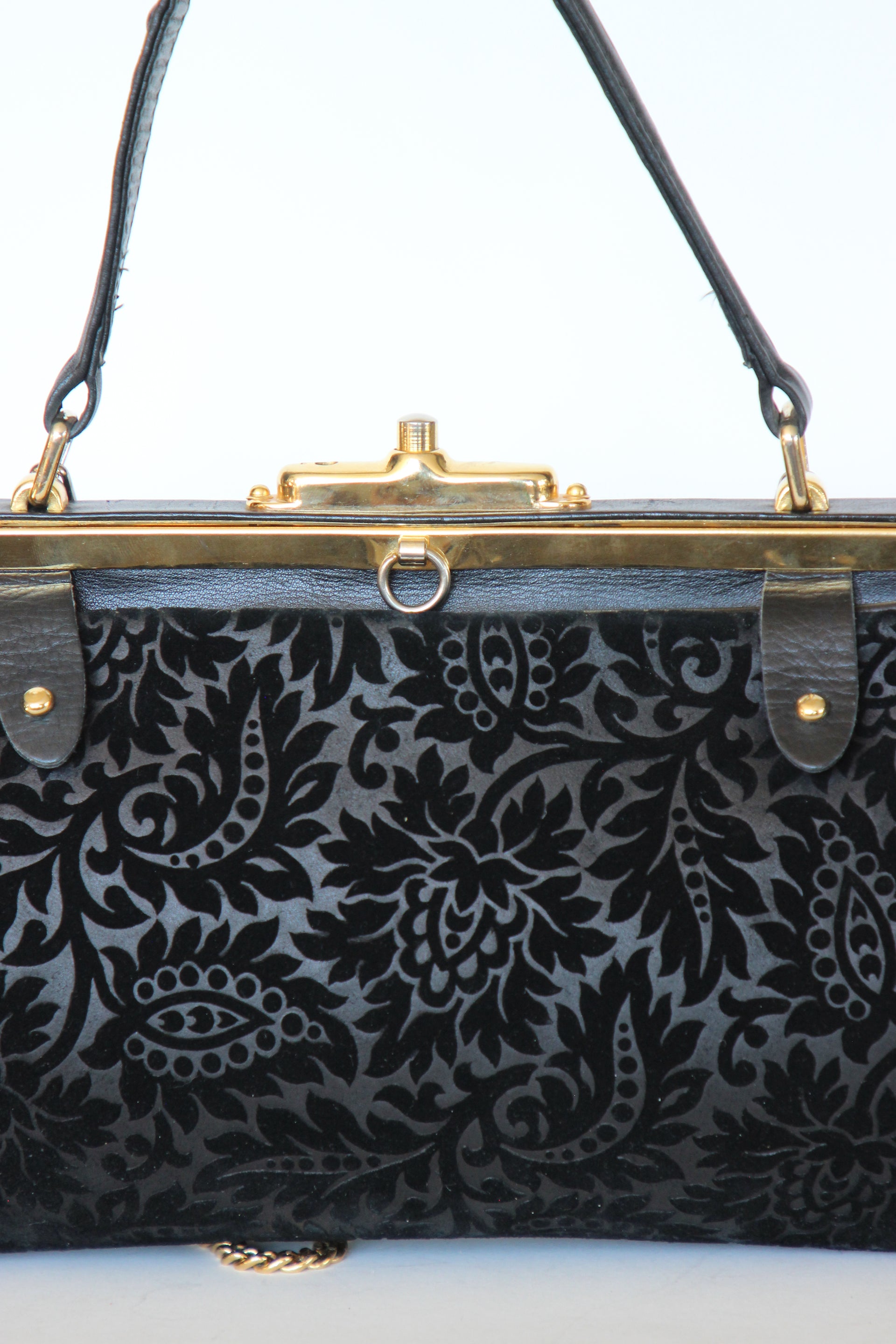 1960s Black Floral Suede/Leather Top Handle Bag/Shoulder Bag