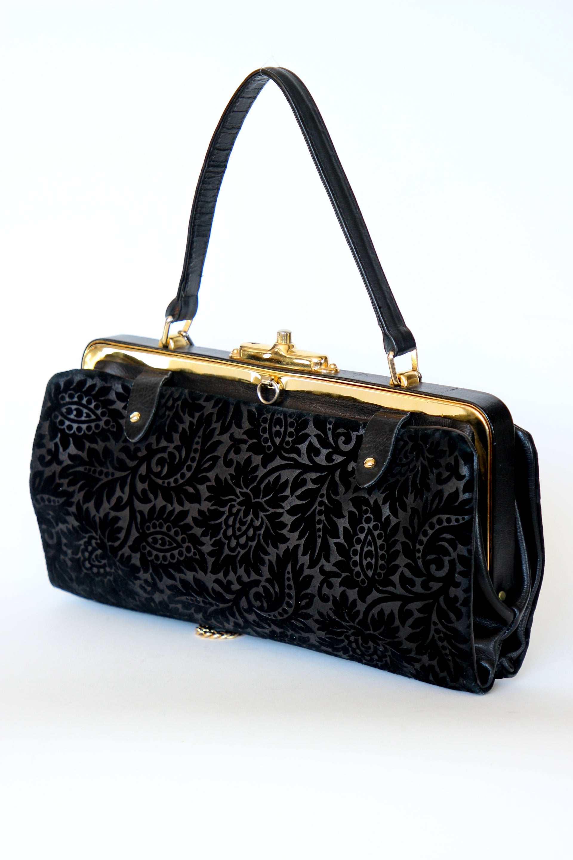 1960s Black Floral Suede/Leather Top Handle Bag/Shoulder Bag