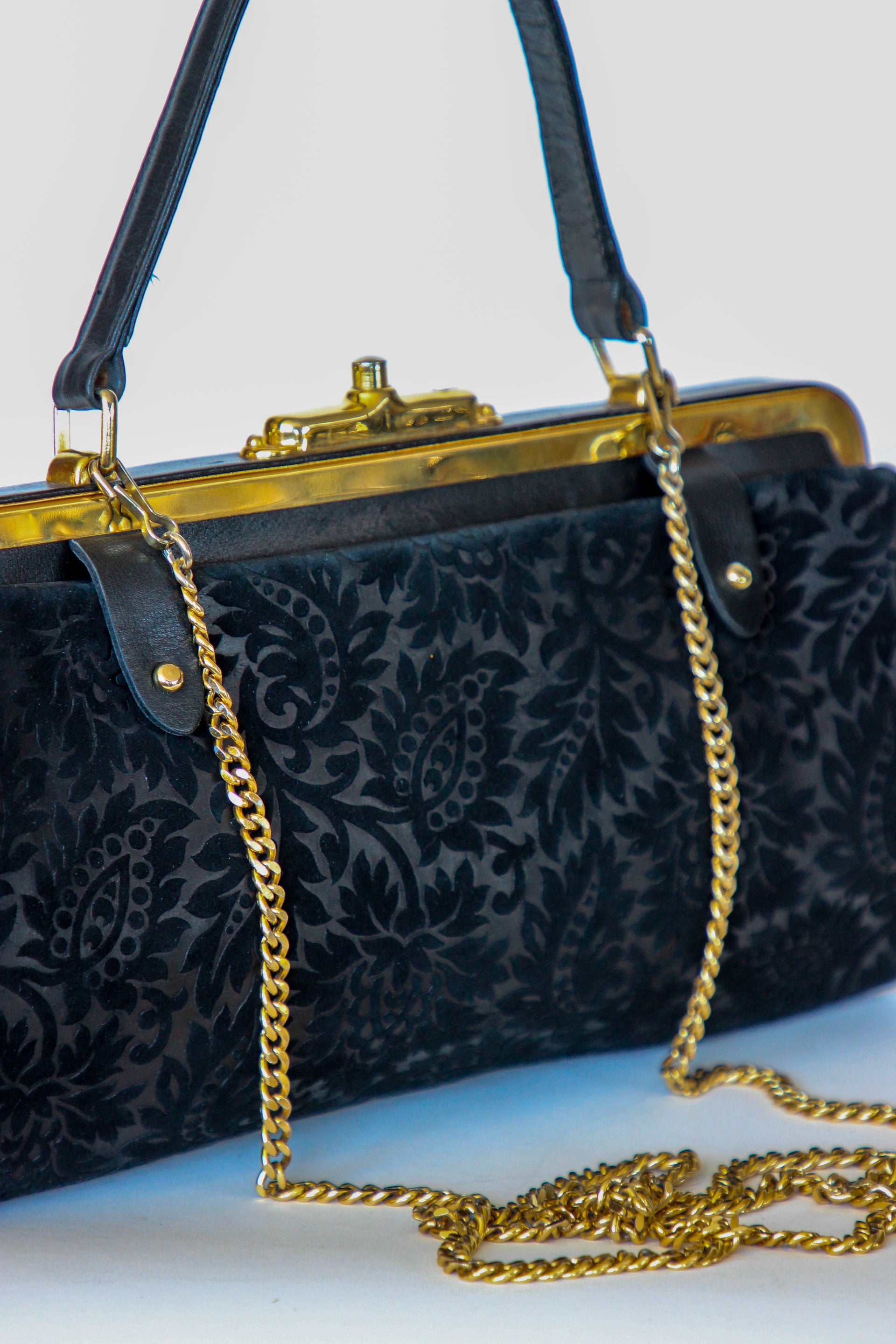 1960s Black Floral Suede/Leather Top Handle Bag/Shoulder Bag