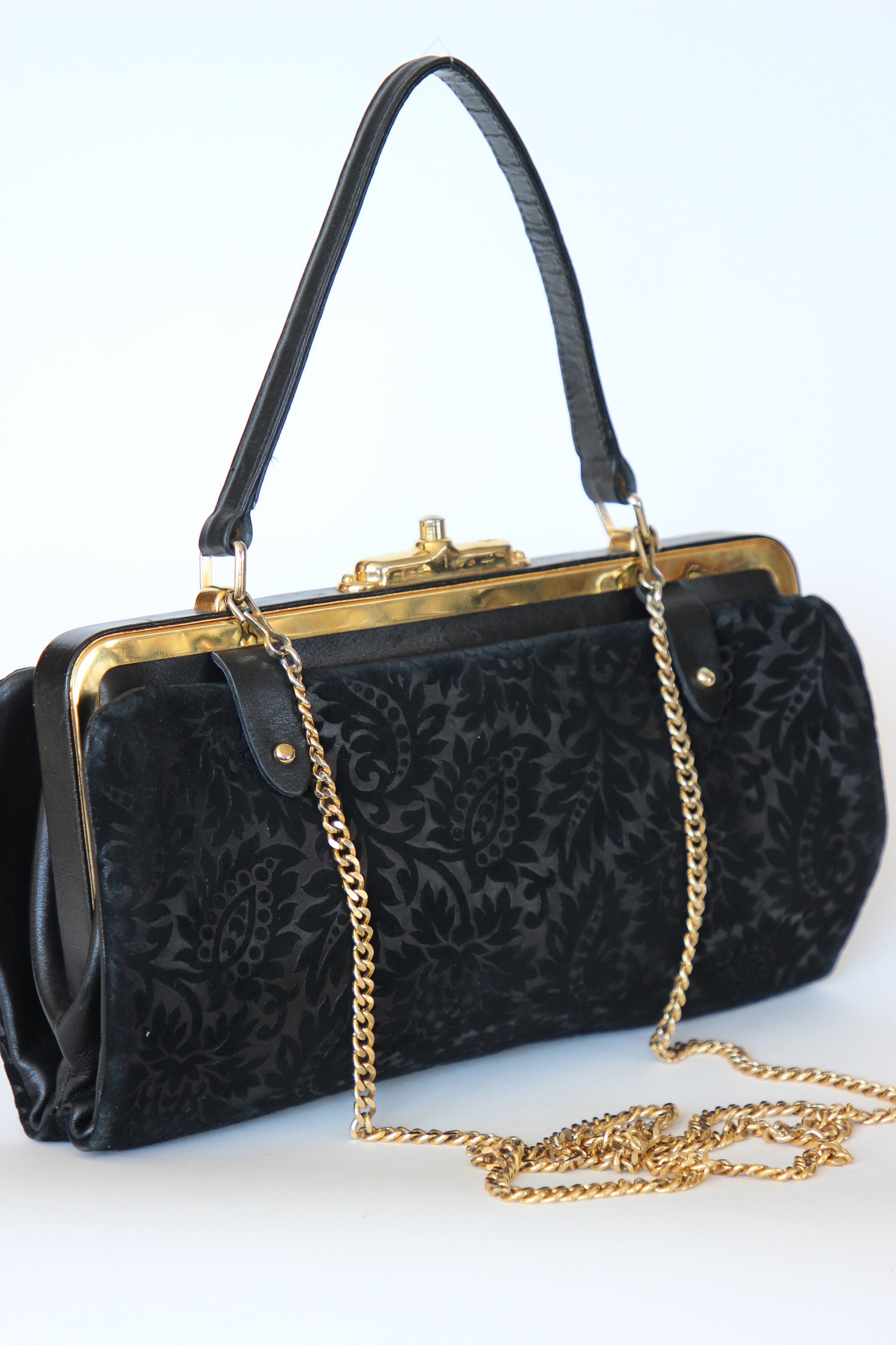 1960s Black Floral Suede/Leather Top Handle Bag/Shoulder Bag