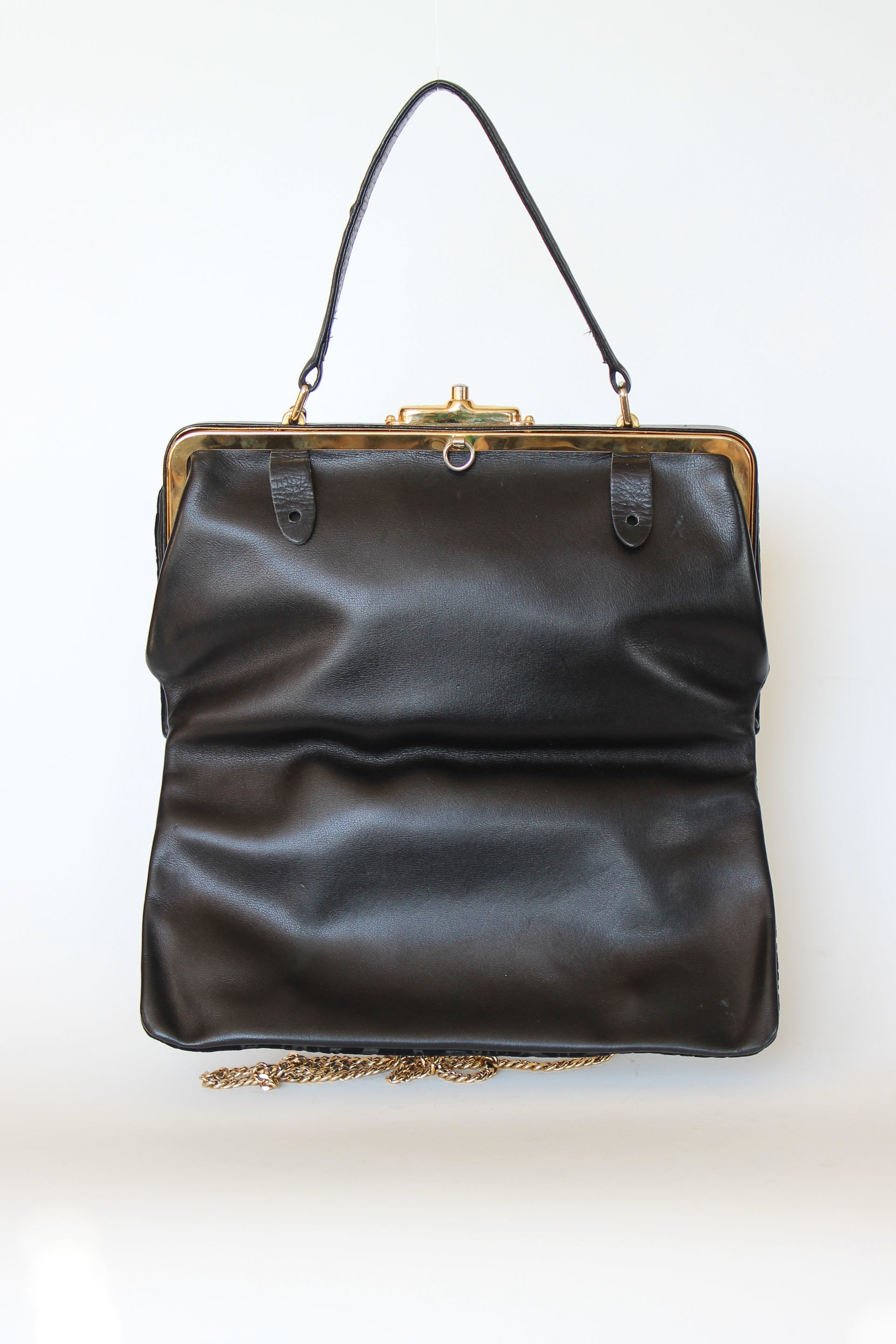 1960s Black Floral Suede/Leather Top Handle Bag/Shoulder Bag
