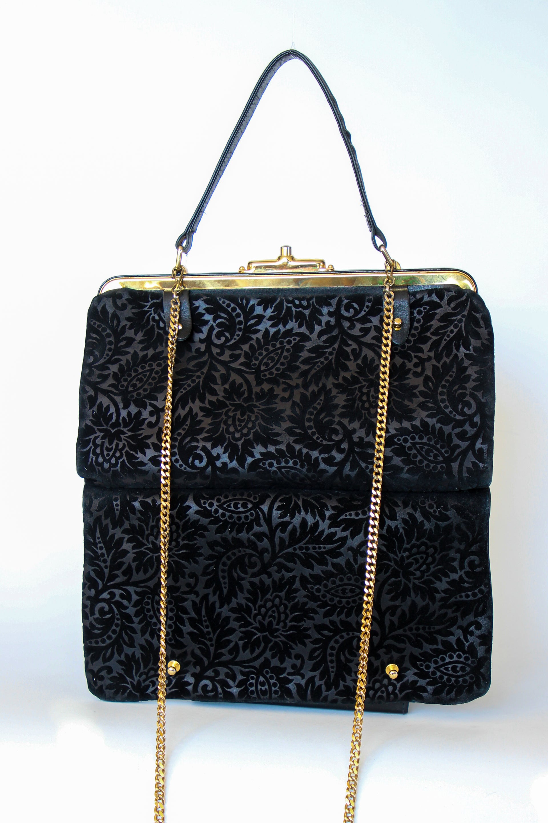 1960s Black Floral Suede/Leather Top Handle Bag/Shoulder Bag
