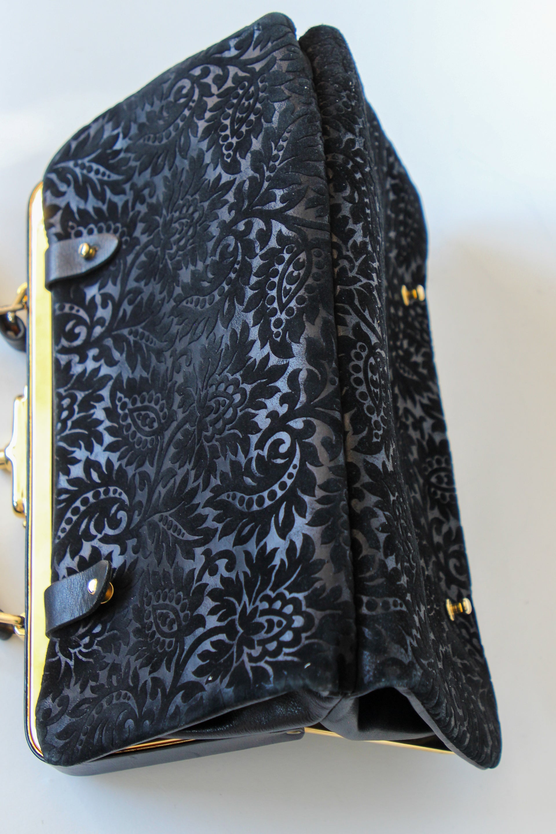 1960s Black Floral Suede/Leather Top Handle Bag/Shoulder Bag
