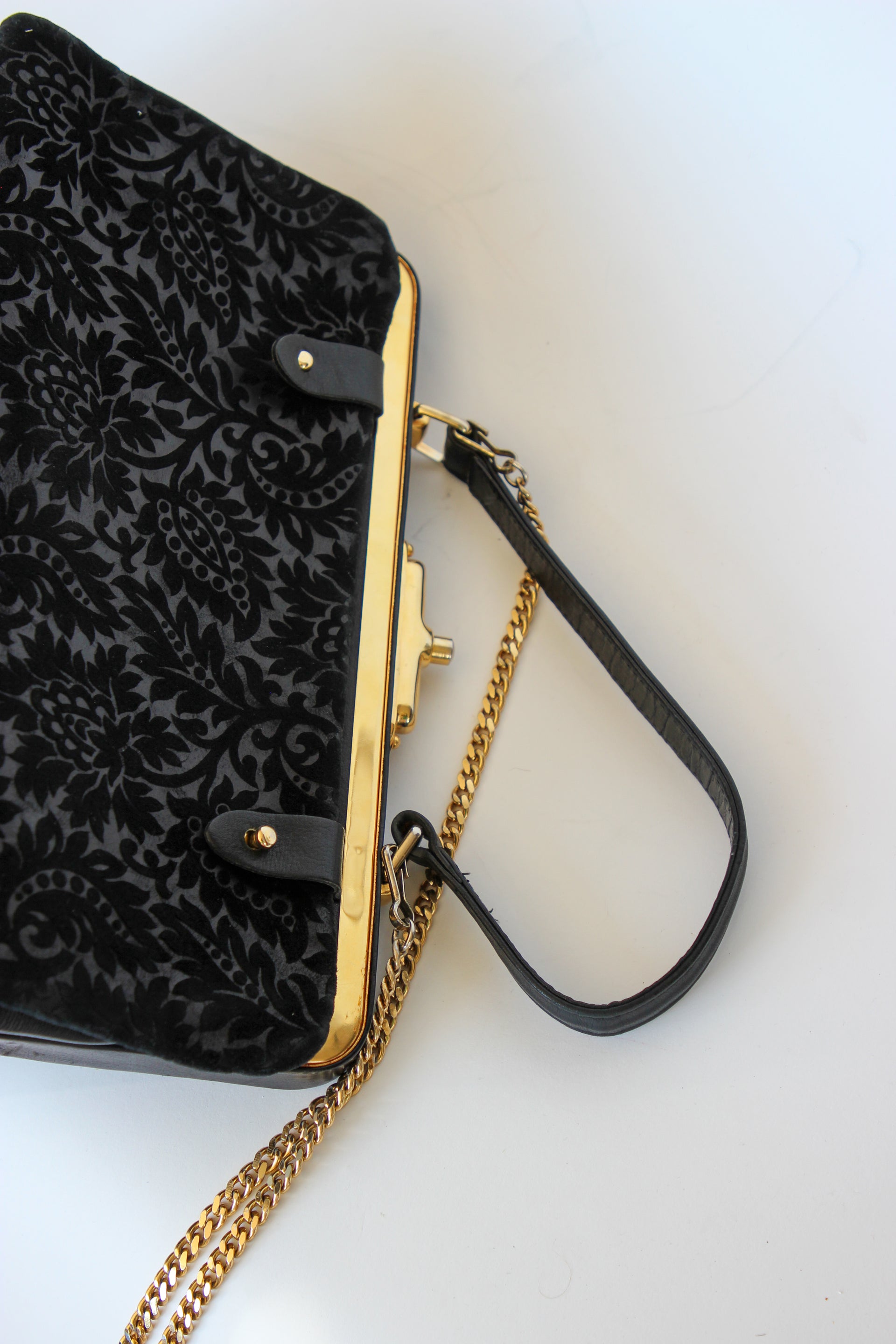 1960s Black Floral Suede/Leather Top Handle Bag/Shoulder Bag