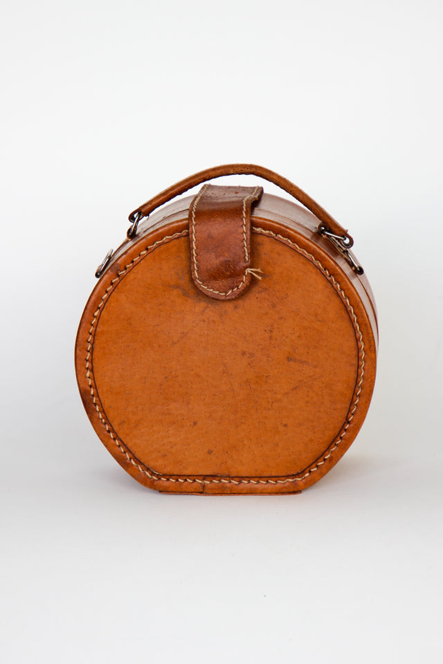 1960s Vintage Brown Grian Leather Little Round Bag / Purse // Giovanni, Italy