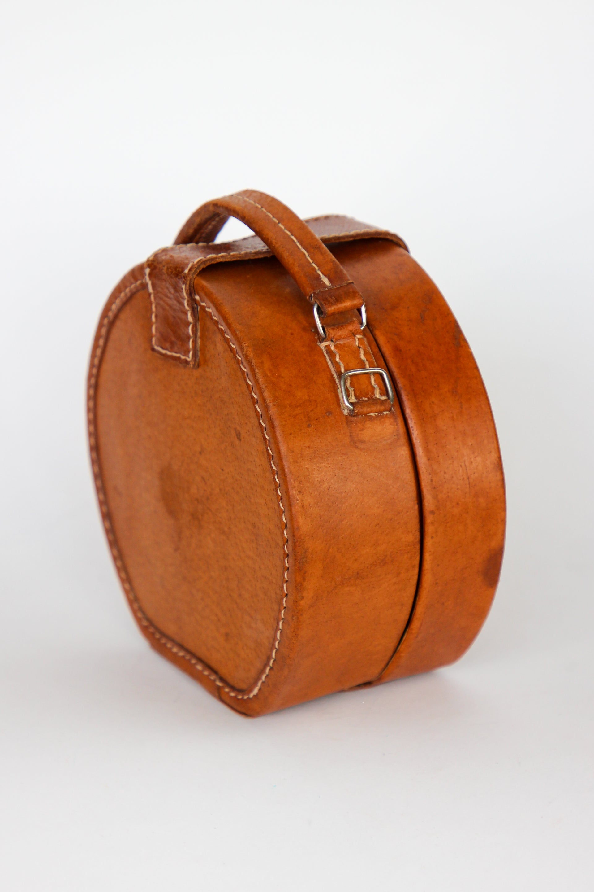 1960s Vintage Brown Grian Leather Little Round Bag / Purse // Giovanni, Italy